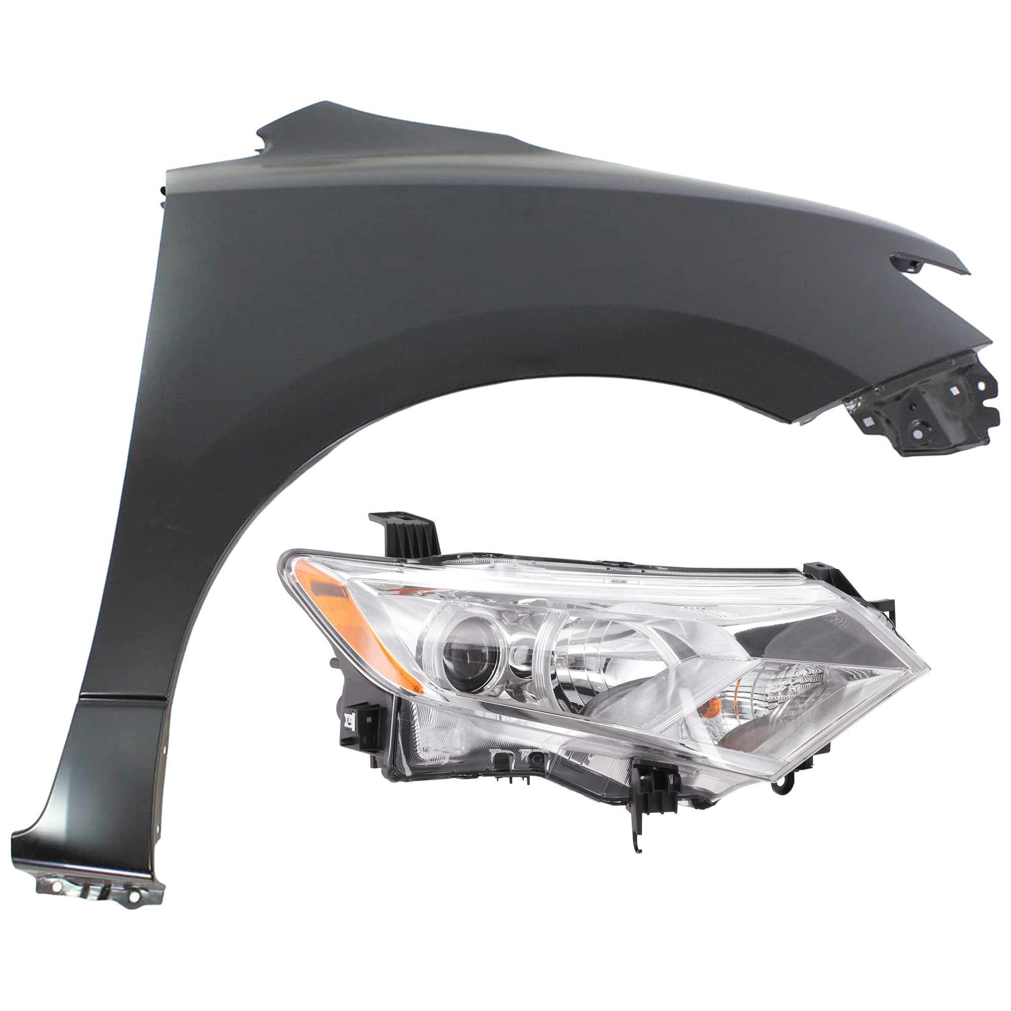 AM QUEST 12-17 HEAD LAMP RH 2 pc Kit Assembly Halogen with Fender SKU KIT 071726-265 Partslink NI2503229 NI2503237 NI1241201 OEM 260101JA0B 260101JR0A 631001JA