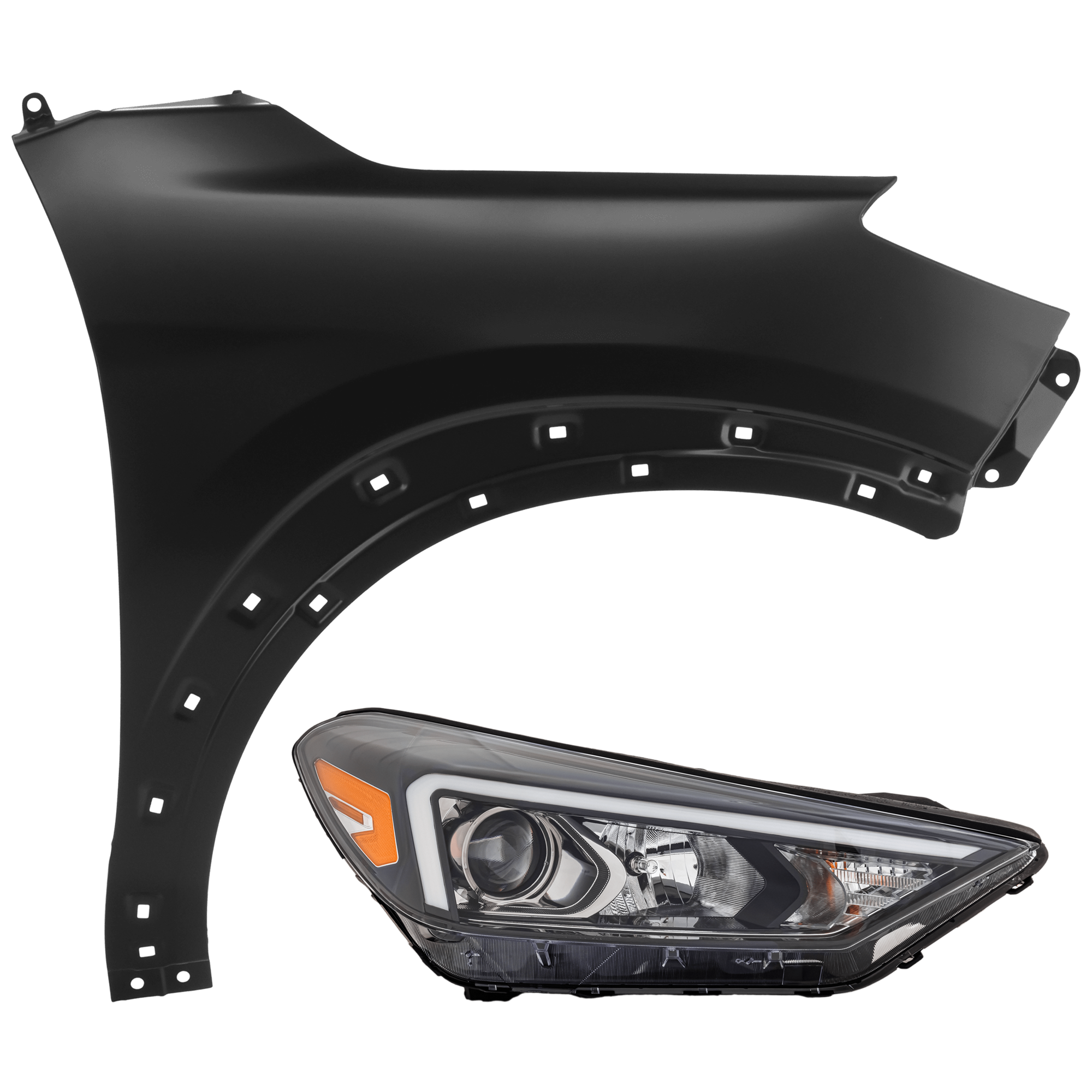 AM TUCSON 19-21 HEAD LAMP RH 2 pc Kit Assembly Halogen w o LED Position Light with Fender SKU KIT 071726-277 Partslink HY2503234 HY1241165 OEM 92102D3500-66321D3000