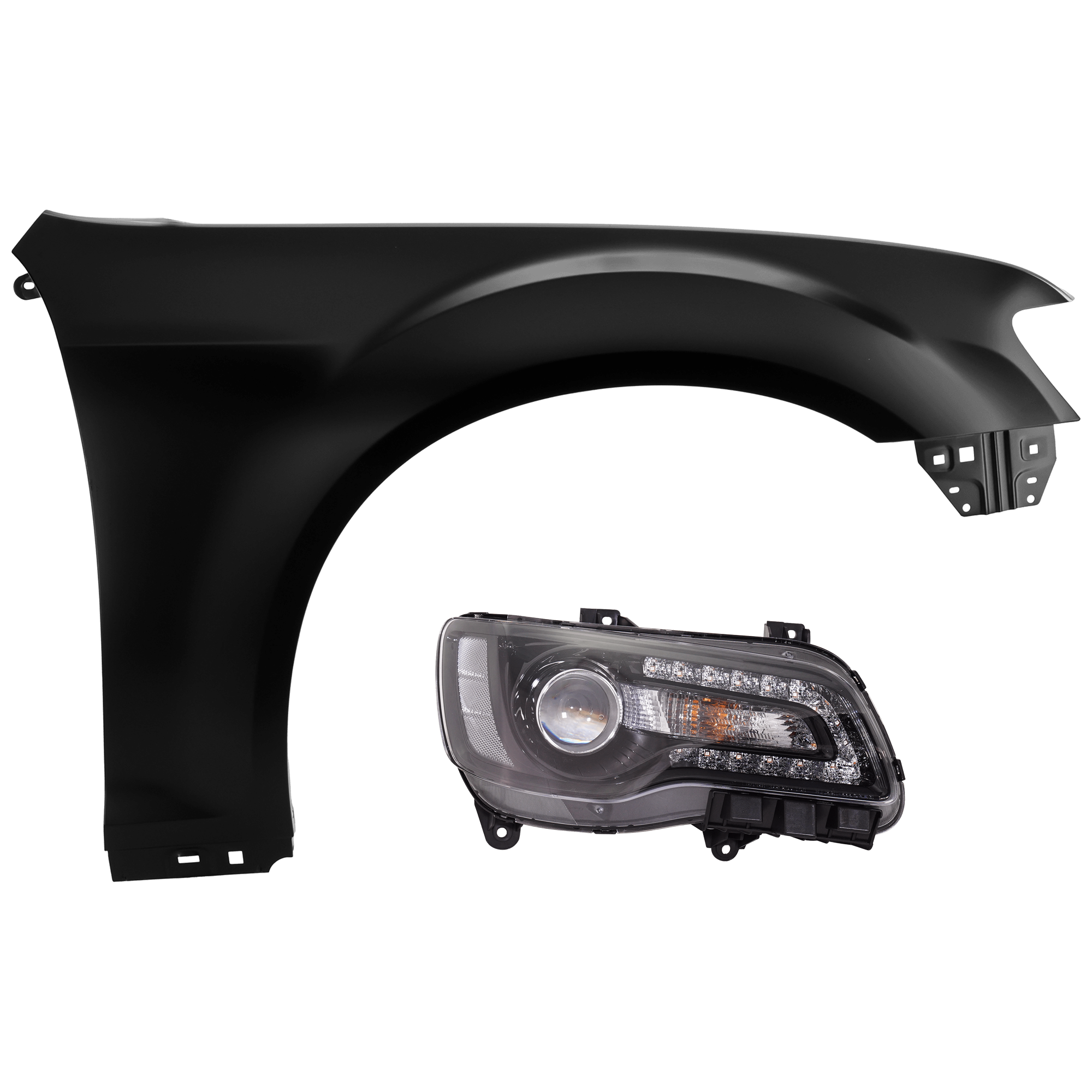 AM CHRYSLER 300-18-23 HEAD LAMP RH 2 pc Kit Assembly Halogen Black Interior with Fender SKU KIT 071726-27 Partslink CH2503331 CH1241277 OEM 68402948AA 55113438AD