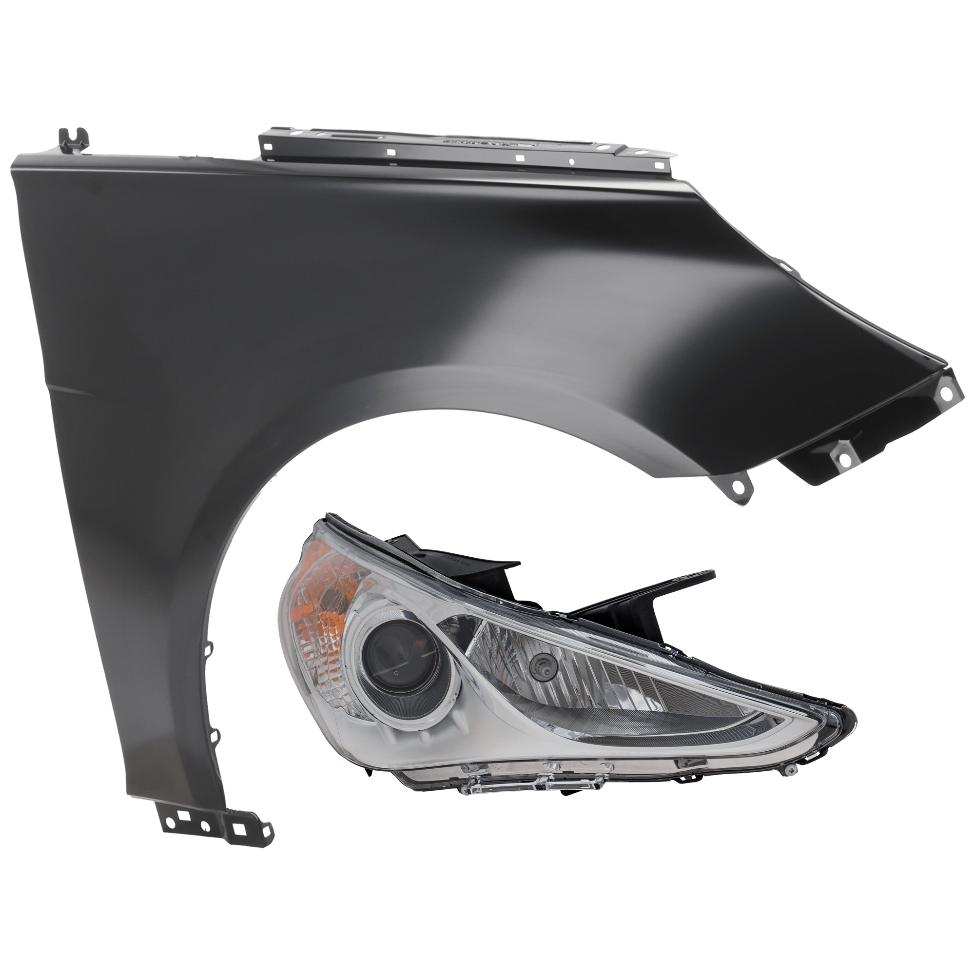 AM SONATA 11-14 HEAD LAMP RH 2 pc Kit Assembly Halogen Type 1 White Interior with Fender SKU KIT 071726-283 Partslink HY2503159 HY1241150 OEM 921023Q000-663213Q000