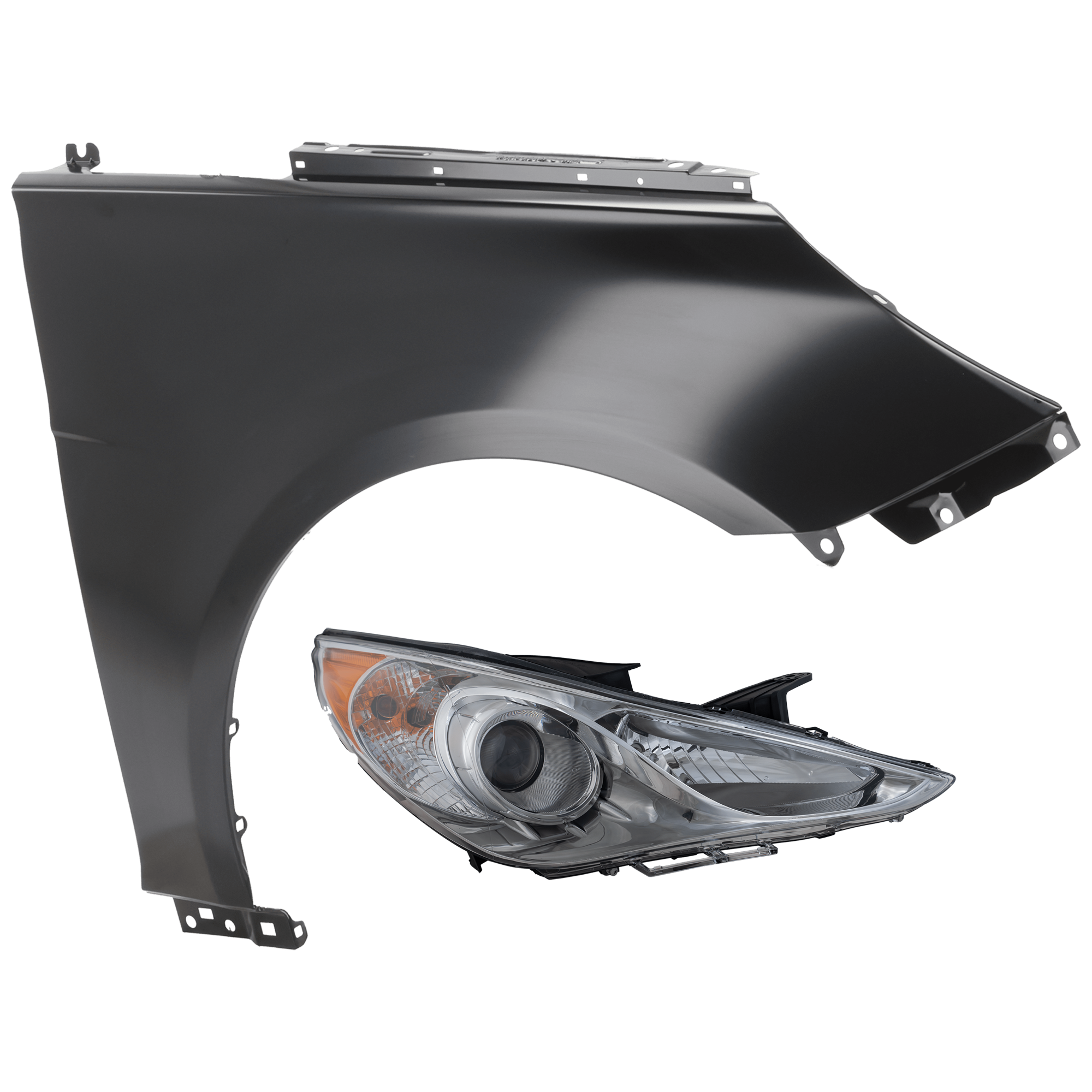 AM SONATA 11-14 HEAD LAMP RH 2 pc Kit Assembly Halogen Type 2 Chrome Interior with Fender SKU KIT 071726-284 Partslink HY2503157 HY1241150 OEM 921023Q100-663213Q000