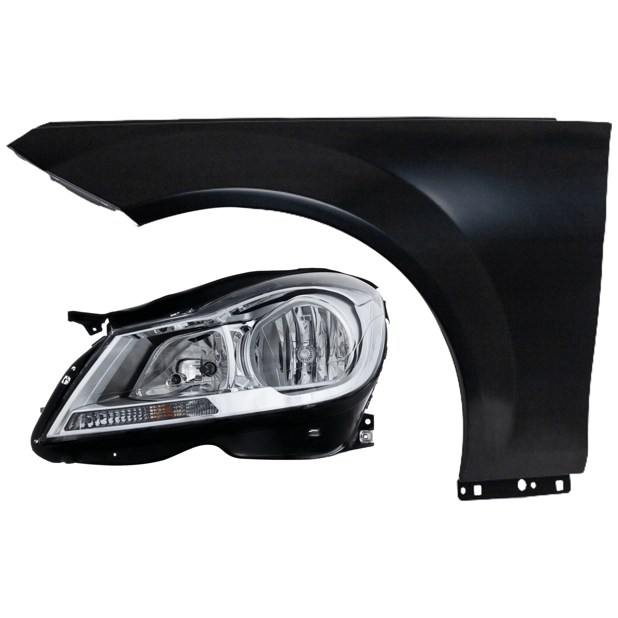 AM C CLASS 12-14 HEAD LAMP LH 2 pc Kit Assembly Halogen Chrome Interior with Fender CAPA SKU KIT 071726-287 Partslink MB2502187C MB1240132C OEM 2048205359-2048801318