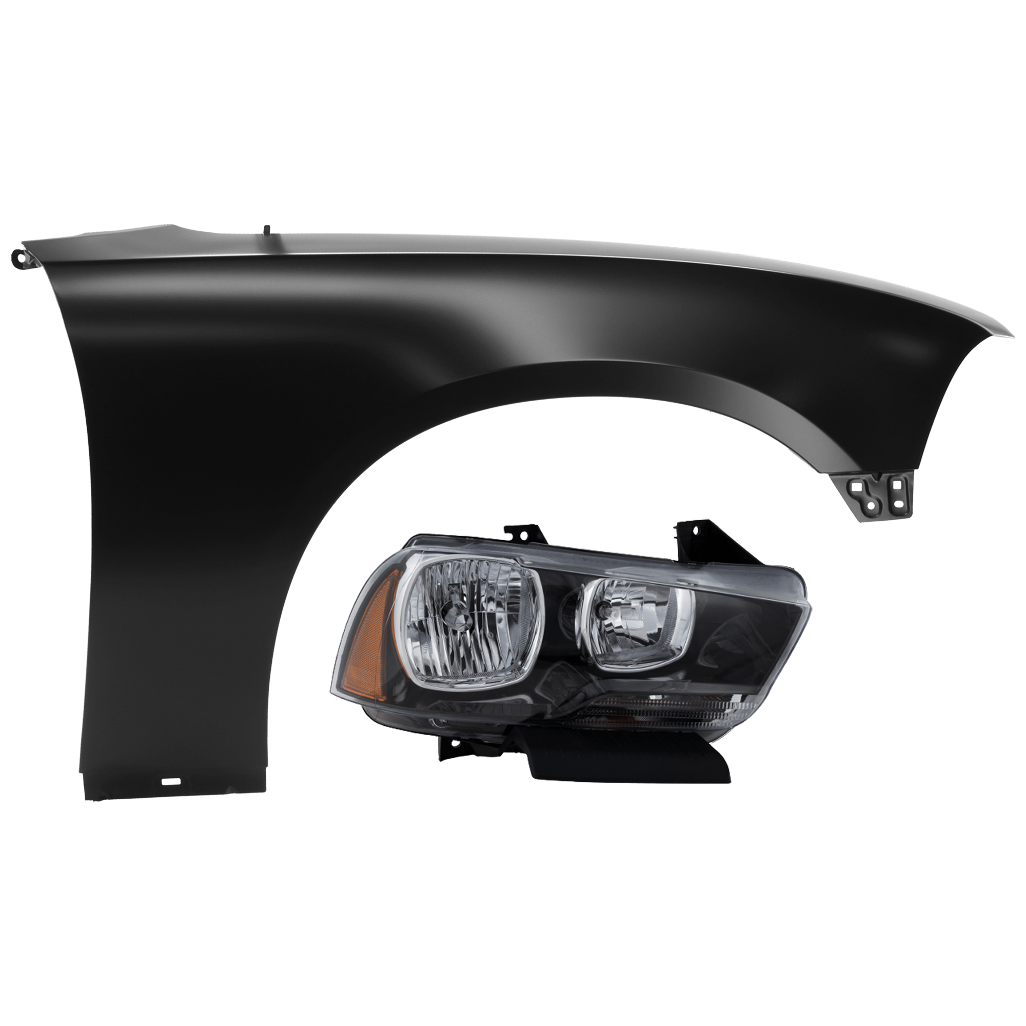 AM CHARGER 11-14 HEAD LAMP RH 2 pc Kit Assembly Halogen with Fender SKU KIT 071726-35 Partslink CH2503232 CH1241275 OEM 57010410AF 57010410AE 55113584
