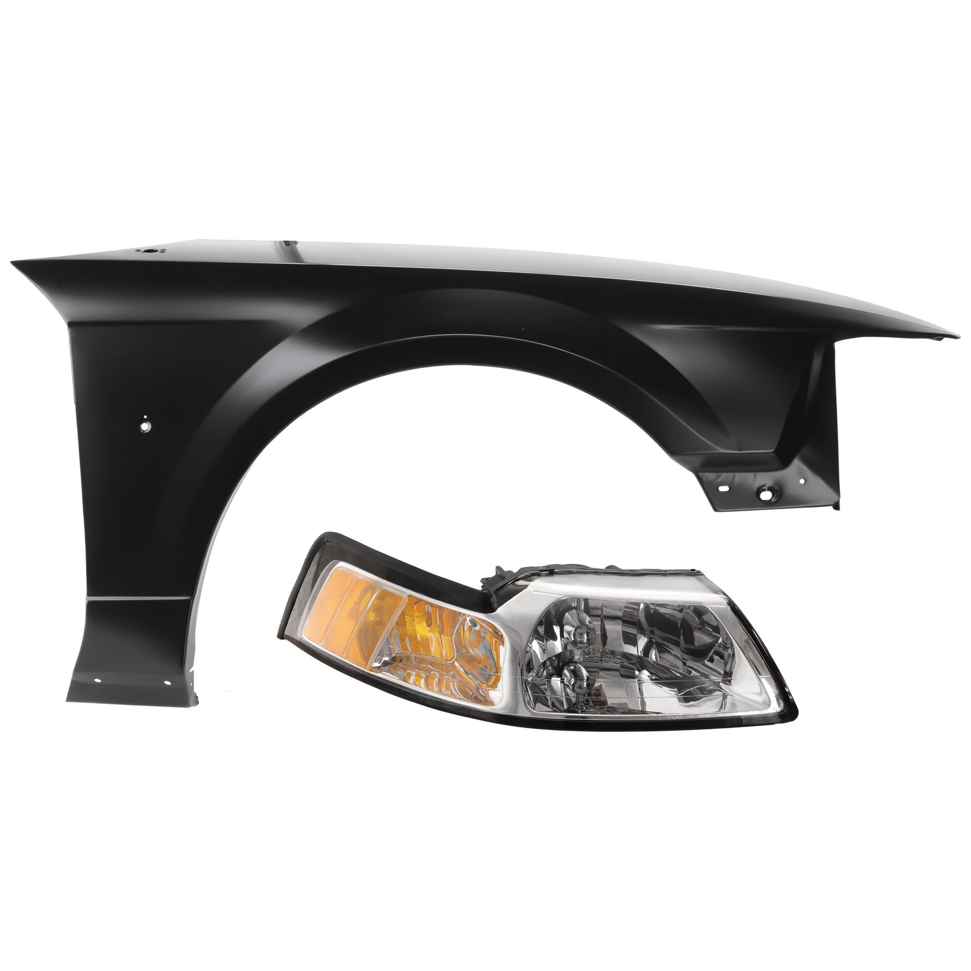 AM MUSTANG 99-00 HEAD LAMP RH 2 pc Kit Assembly Halogen with Fender SKU KIT 071726-38 Partslink FO2503160 FO1241201 OEM YR3Z13008AA XR3Z16005AA