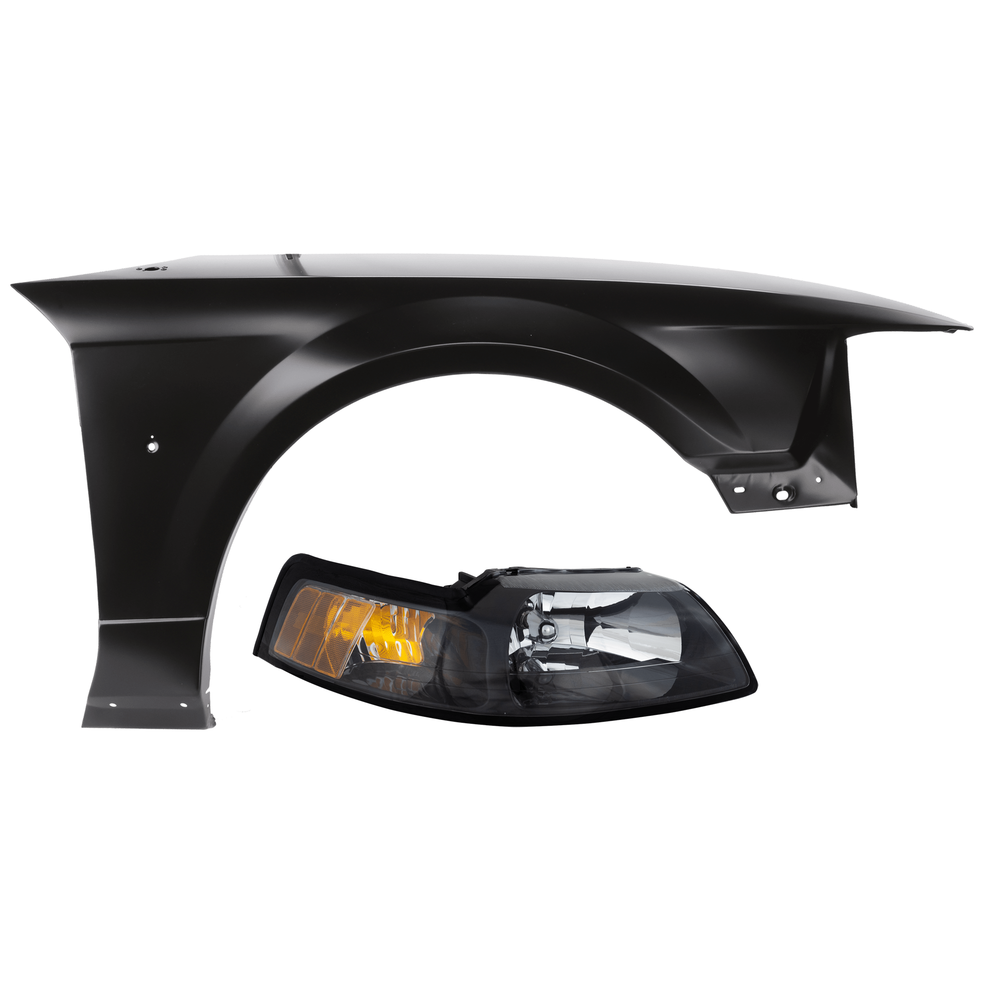 AM MUSTANG 99-04 HEAD LAMP RH 2 pc Kit Assembly Halogen Black Interior with Fender SKU KIT 071726-39 Partslink FO2503177 FO1241201 OEM 3R3Z13008CA PFM XR3Z16005AA