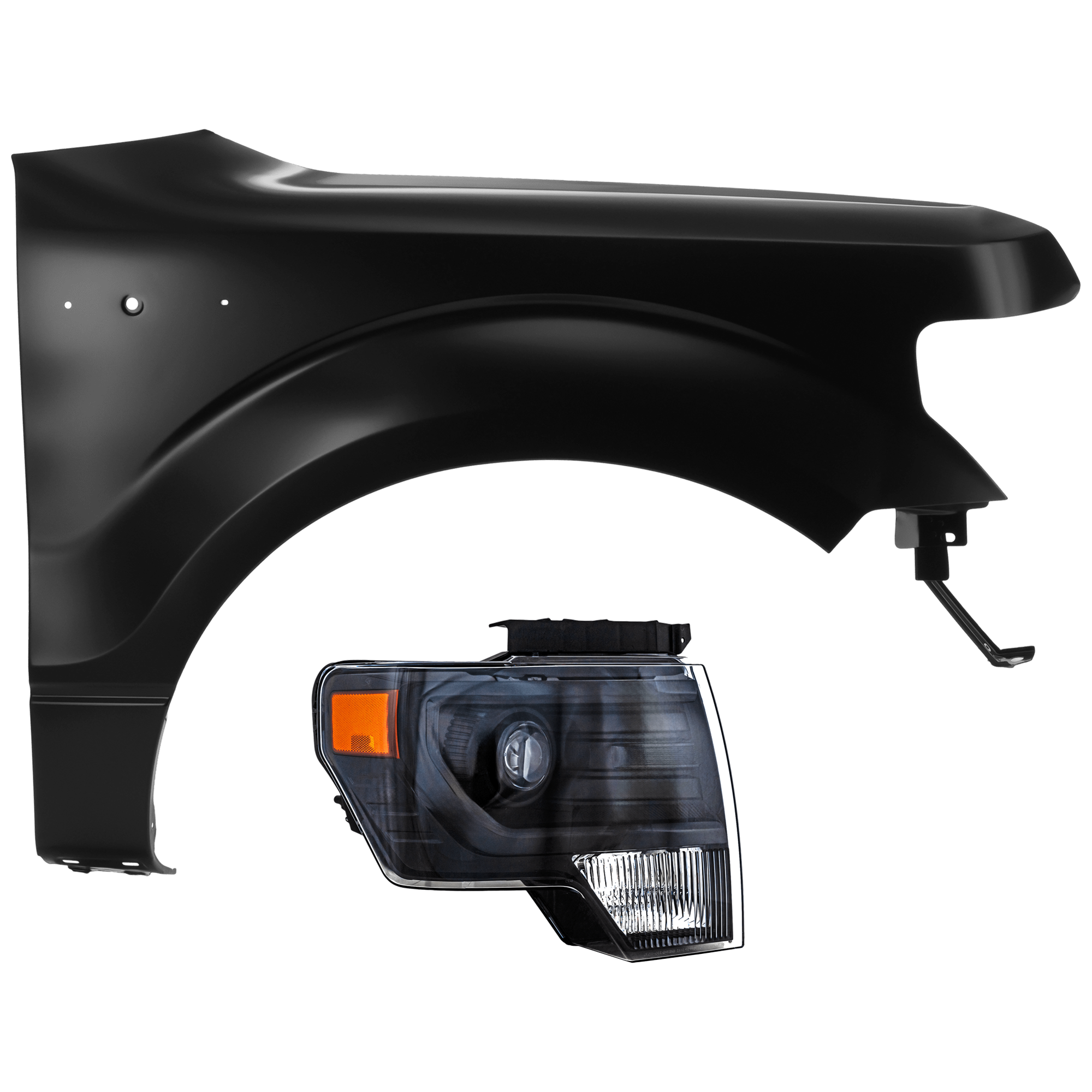 AM F 150-13-14 HEAD LAMP RH 2 pc Kit Lens and Housing HID Xenon w o HID Kit Black Interior with Fender CAPA SKU KIT 071726-62 Partslink FO2519121C FO1241272C OEM DL3Z13008DB CL3Z16005A