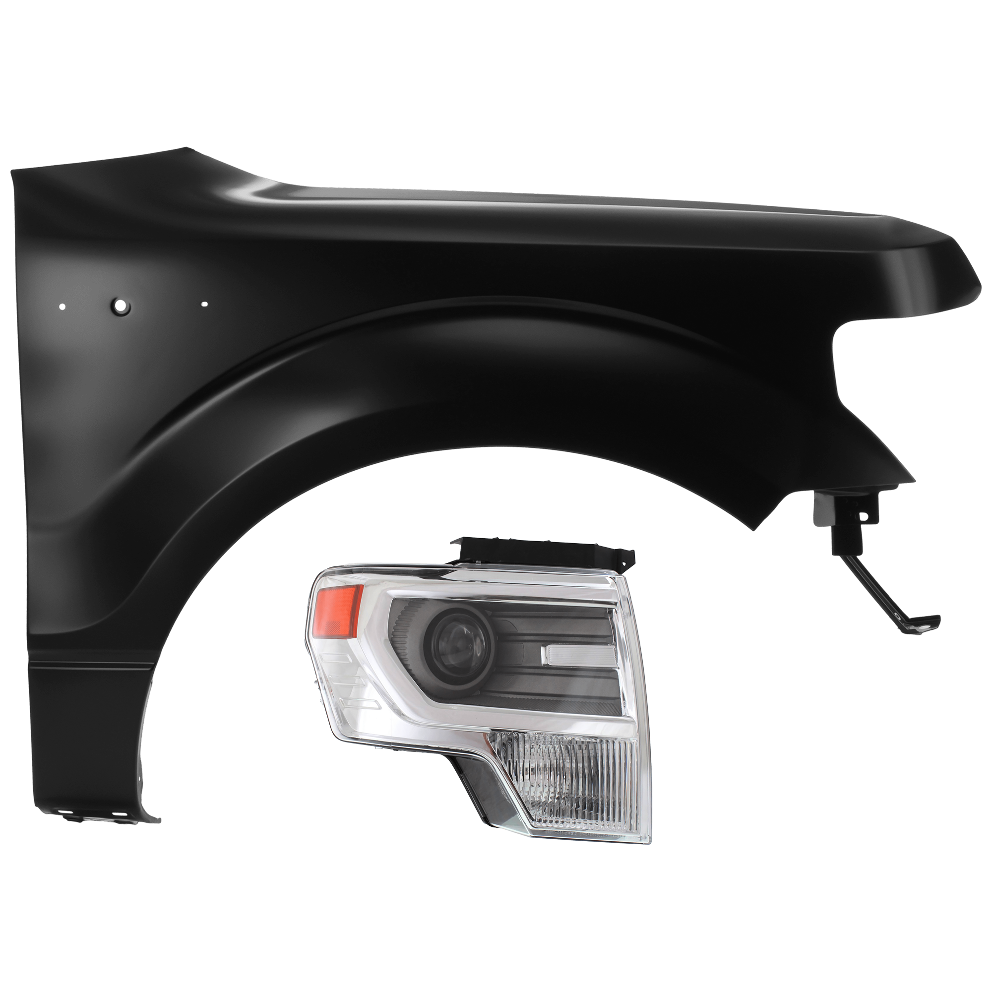 AM F 150-13-14 HEAD LAMP RH 2 pc Kit Lens and Housing HID Xenon w o HID Kit Chrome Interior with Fender CAPA SKU KIT 071726-63 Partslink FO2519120C FO1241272C OEM DL3Z13008AB CL3Z16005A