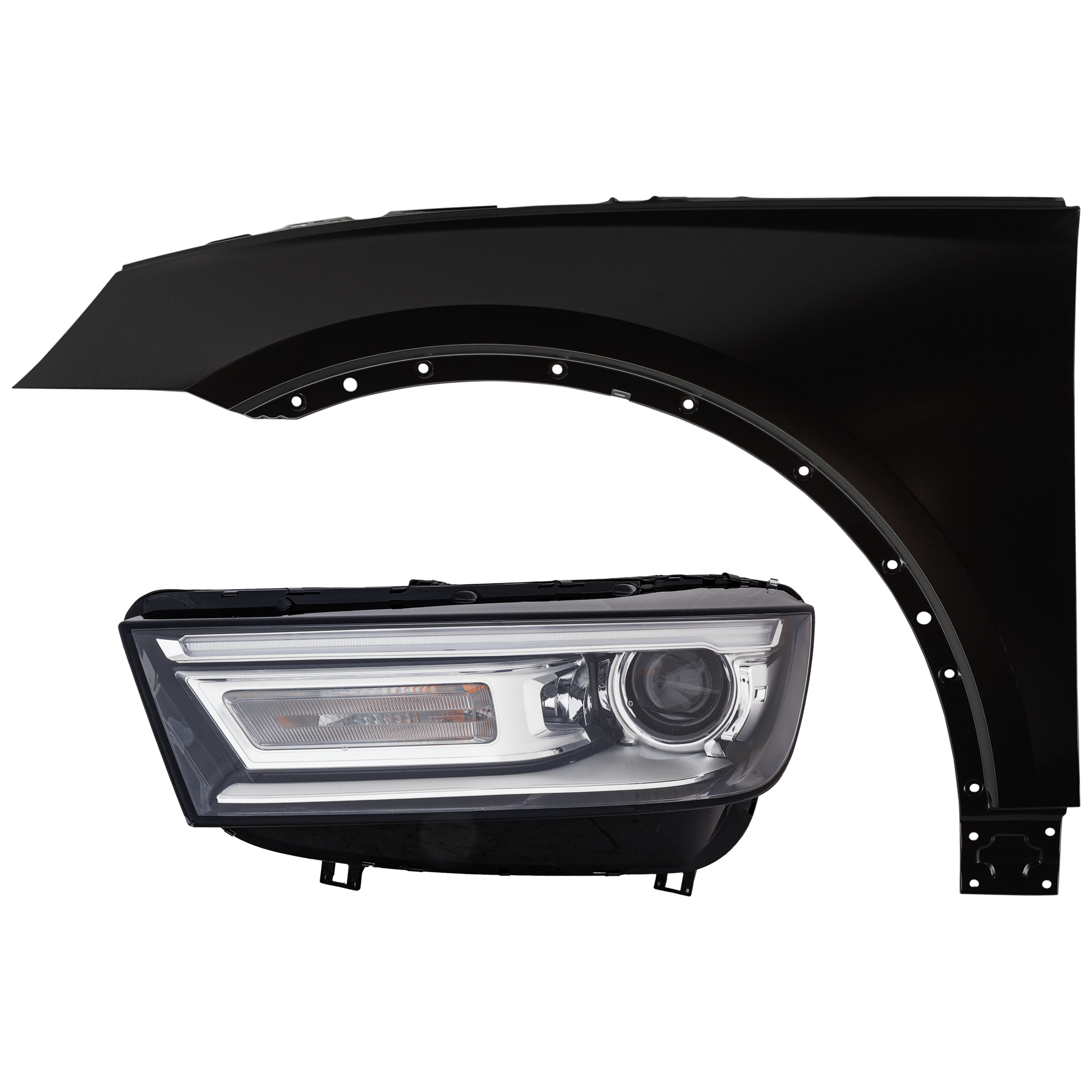 AM Q5 SQ5-18-20 HEAD LAMP LH 2 pc Kit Assembly HID Xenon w HID Kit with Fender SKU KIT 071726-76 Partslink AU2502206 AU1240141 OEM 80A941043H PFM 80A821105ASTL