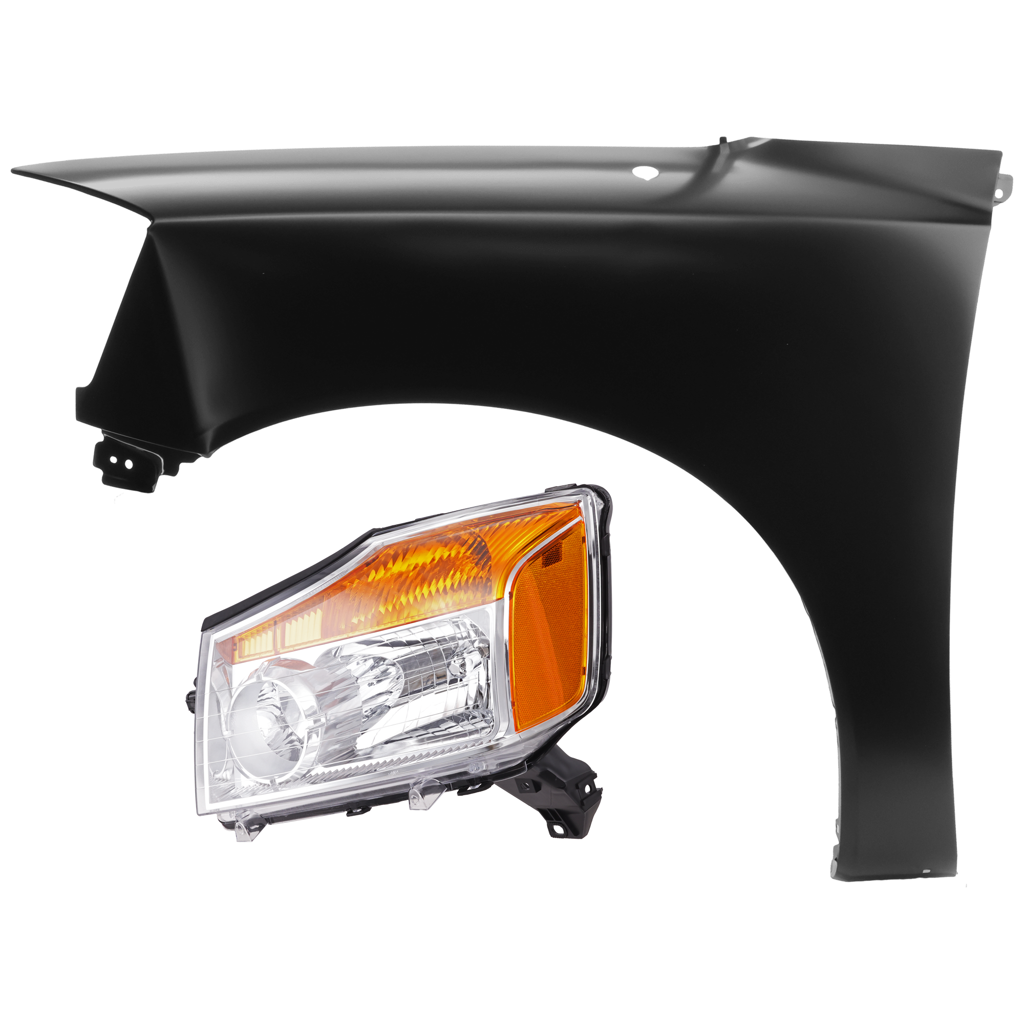 AM TITAN 08-15 HEAD LAMP LH 2 pc Kit Assembly Halogen with Fender SKU KIT 071726-86 Partslink NI2502168 NI1240182 OEM 260609FF0A F3101ZR1EA