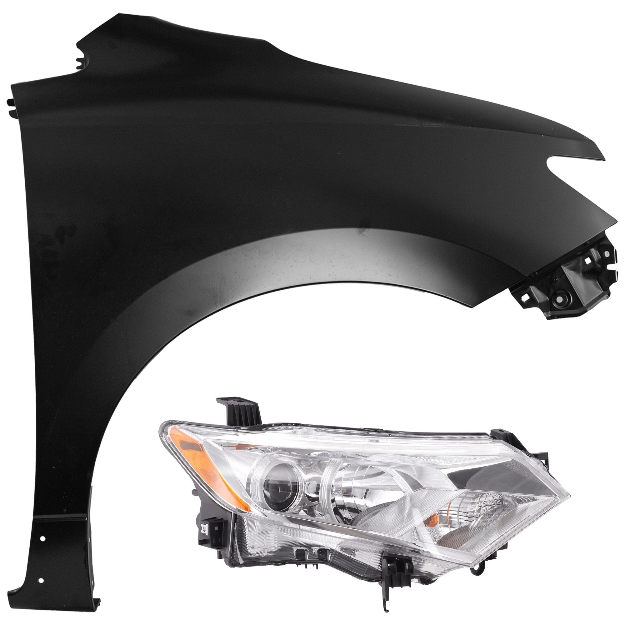 AM QUEST 12-17 HEAD LAMP RH 2 pc Kit Assembly Halogen with Fender SKU KIT 071726-92 Partslink NI2503229 NI2503237 NI1241202 OEM 260101JA0B 260101JR0A 631001JA