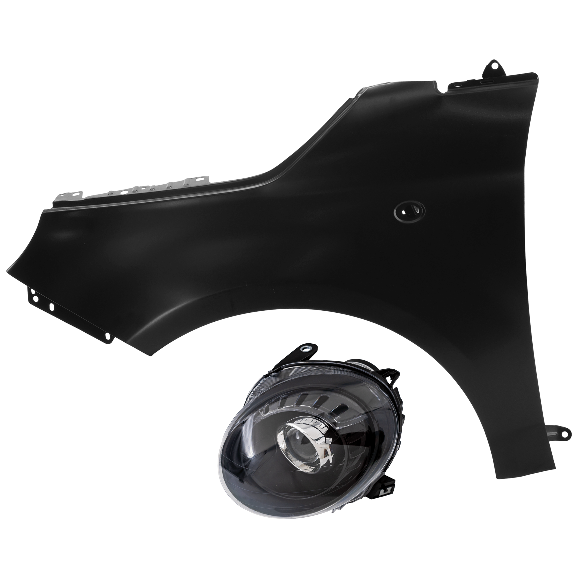 AM FIAT 500-12-19 HEAD LAMP LH 2 pc Kit Assembly Halogen w Black Trim with Fender CAPA SKU KIT 071726-97 Partslink FI2502101C FI1240100C OEM 68172231AC 68070509AC