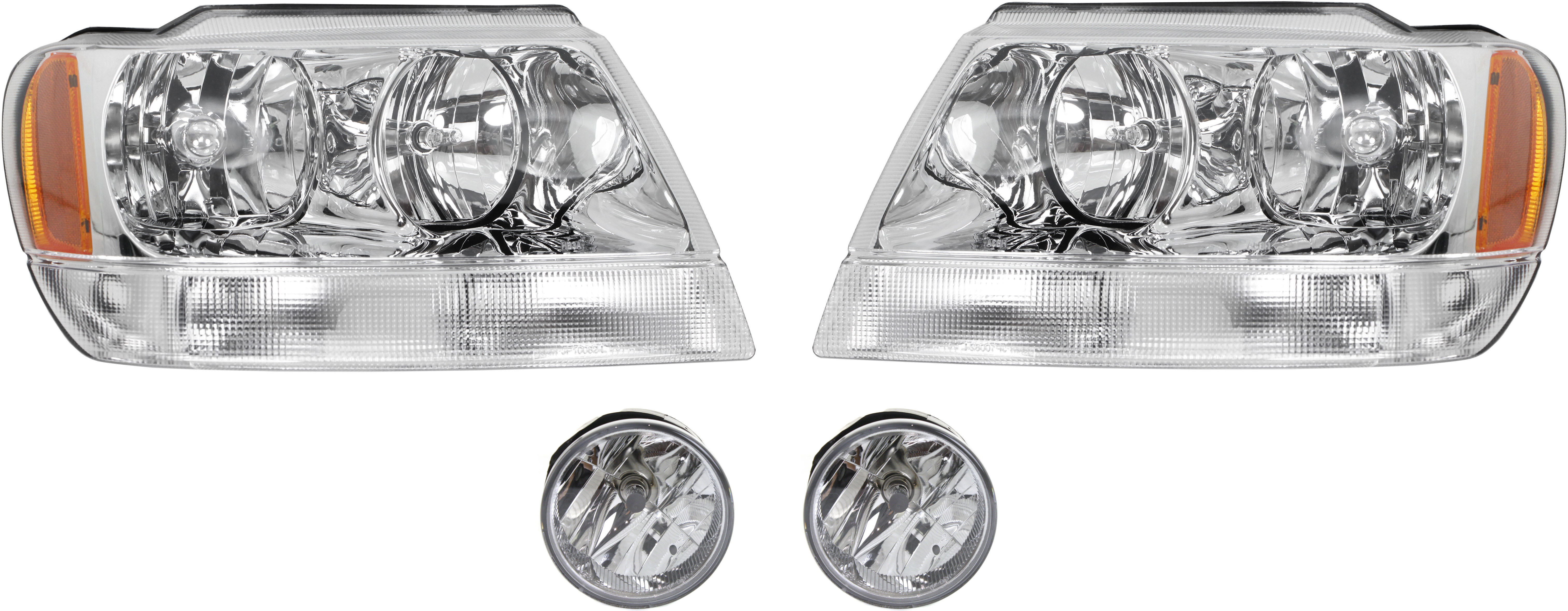 AM GRAND CHEROKEE 04-04 HEAD LAMP RH AND LH Assembly Halogen 4 pc Kit with Fog Lights Limited Overland Models SKU KIT 071817-50 Partslink CH2502120 CH2503120 CH2592126 OEM 55155552AI 55155553AI 55156733