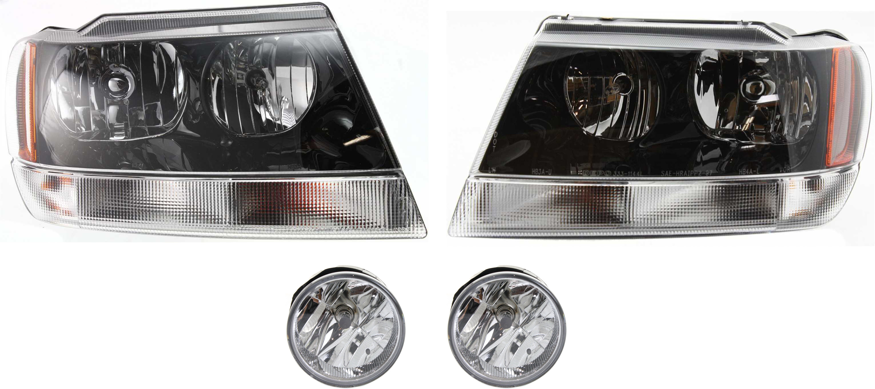 AM GRAND CHEROKEE 04-04 HEAD LAMP RH AND LH Assembly Halogen 4 pc Kit with Fog Light SKU KIT 071817-53 Partslink CH2502138 CH2503138 CH2592126 OEM 55155128AJ 55155129AJ 55156733