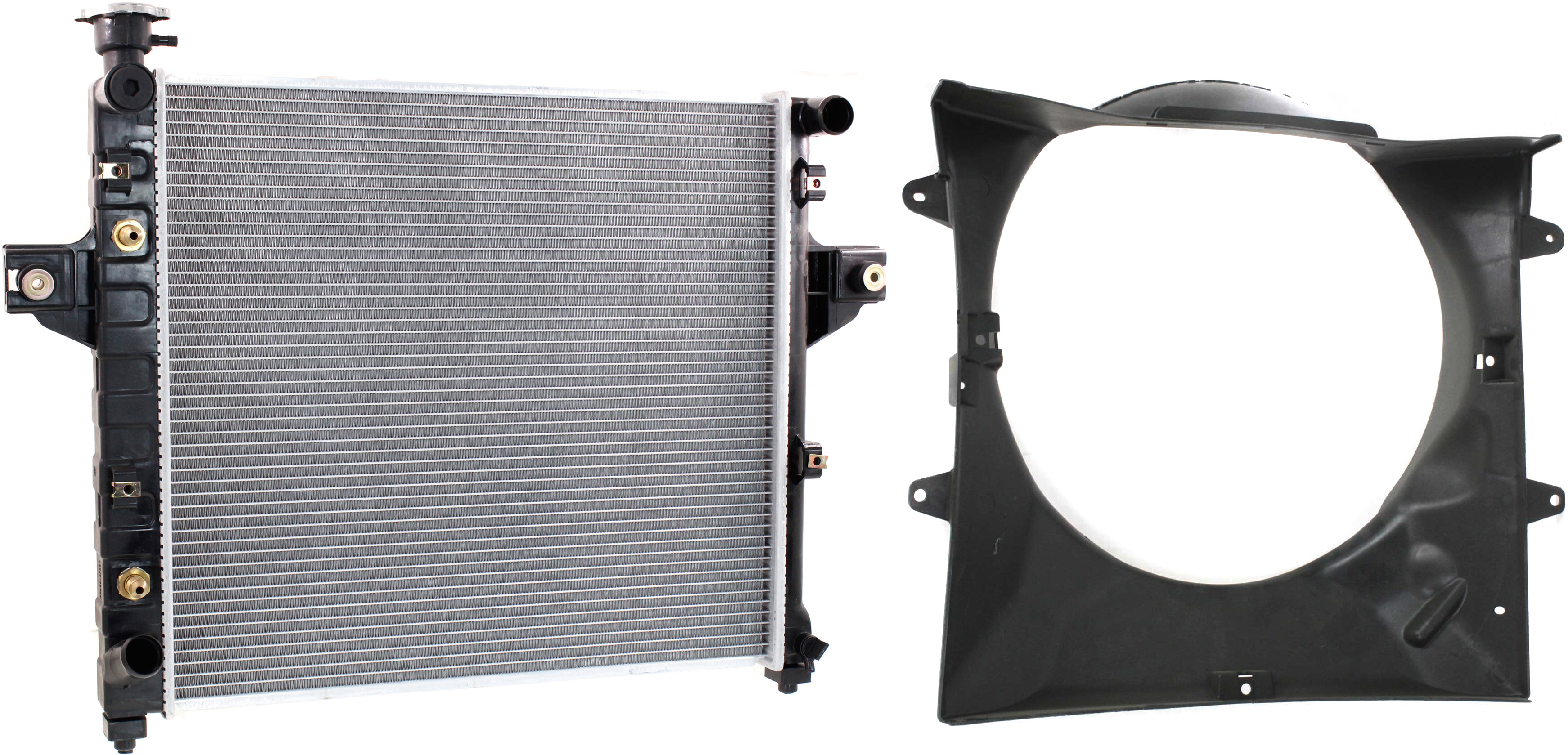 AM GRAND CHEROKEE 99-04 RADIATOR AND FAN SHROUD KIT 2 pc Kit Single Fan 4.0L SKU KIT 071817-79 Partslink CH3010198 CH3110111 OEM 52079428AD 52079489AB
