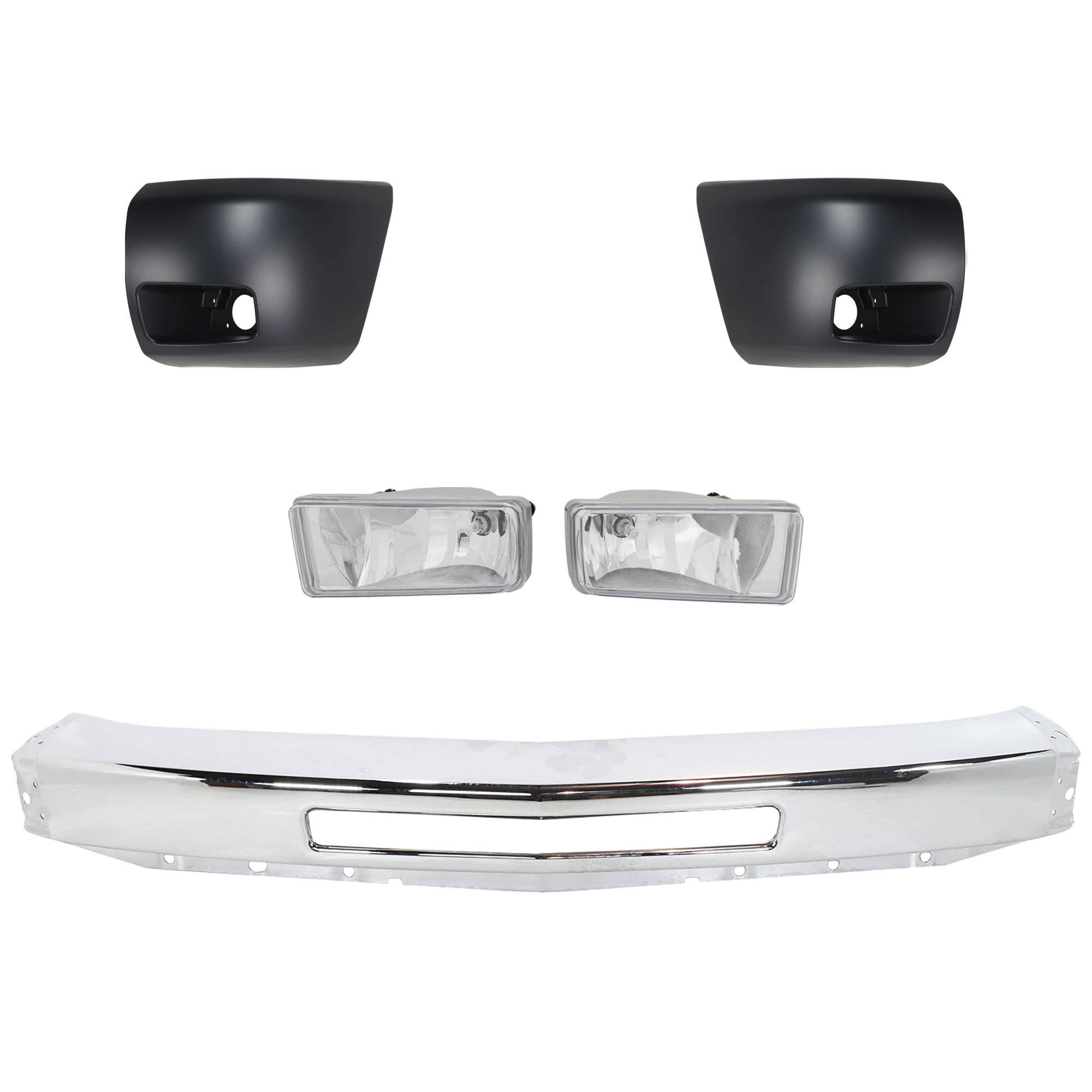 AM SILVERADO 1500-09-13 FRONT BUMPER 5 pc kit Impact Bar Chrome with Bumper End and Fog Light SKU KIT 07182024-58 Partslink GM1002831 GM1005147 GM1004147 GM2593160 GM2592160 OEM 15941850-15891682-15891681-228