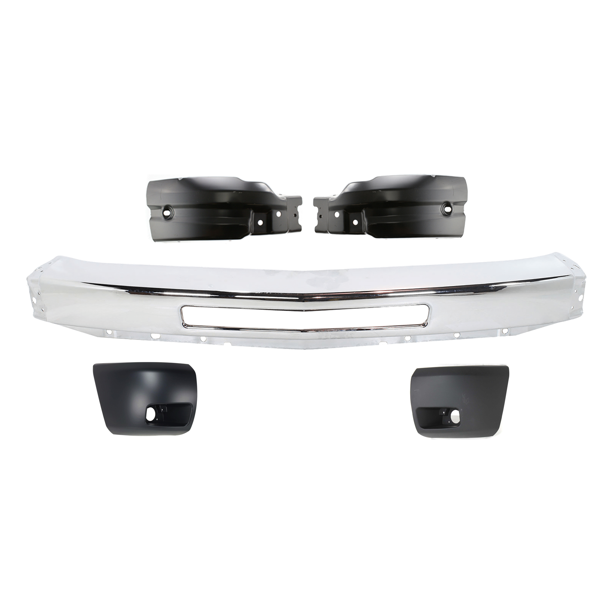 AM SILVERADO 1500-09-13 FRONT BUMPER 5 pc kit Impact Bar Chrome with Bumper End SKU KIT 07182024-60 Partslink GM1002831 GM1004148 GM1005148 GM1004147 GM1005147 OEM 15941850-22737638-22737639-158