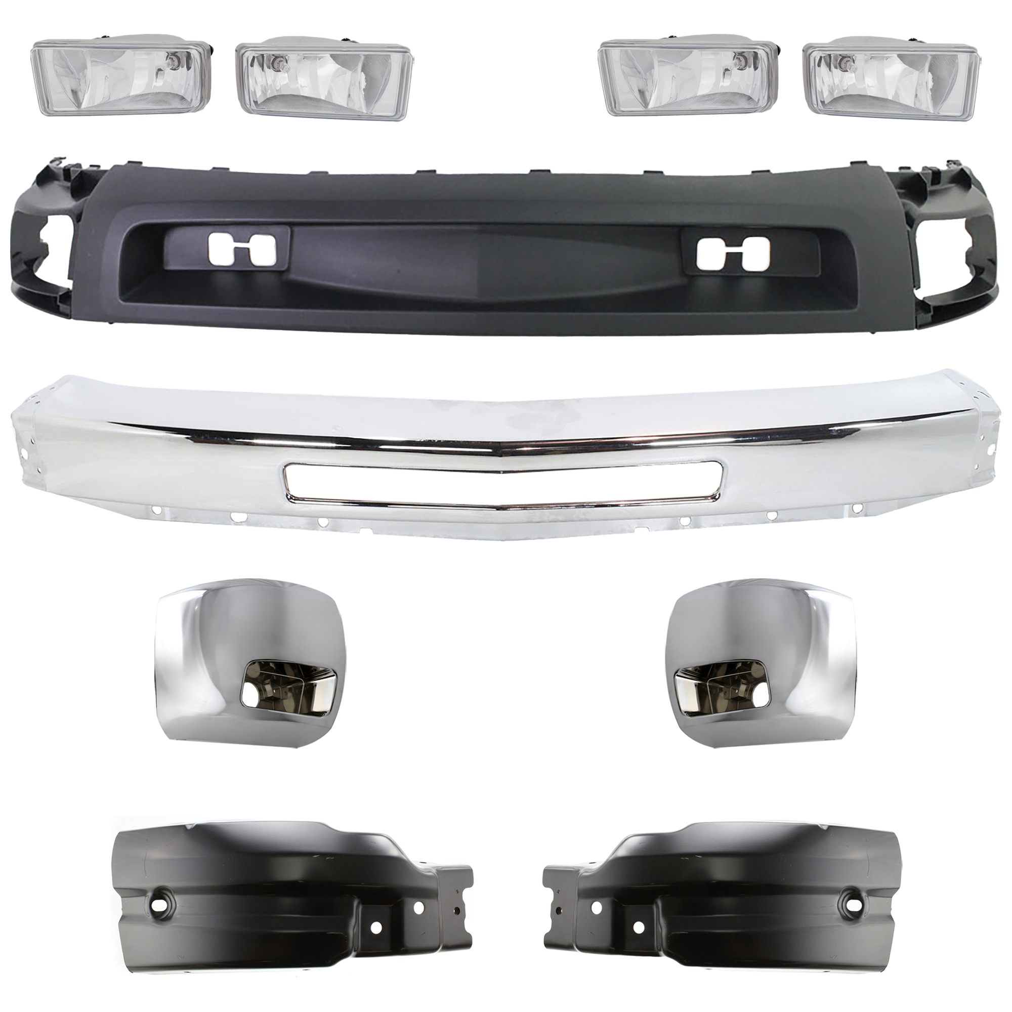AM SILVERADO 2500 HD SILVERADO 3500 HD 07-10 FRONT BUMPER 6 pc kit Impact Bar Chrome with Bumper End and Valance SKU KIT 07182024-62 Partslink GM1002831 GM1017108 GM1016108 GM1005148 GM1004148 GM1092202 OEM 15941850-15839252-15839251-227