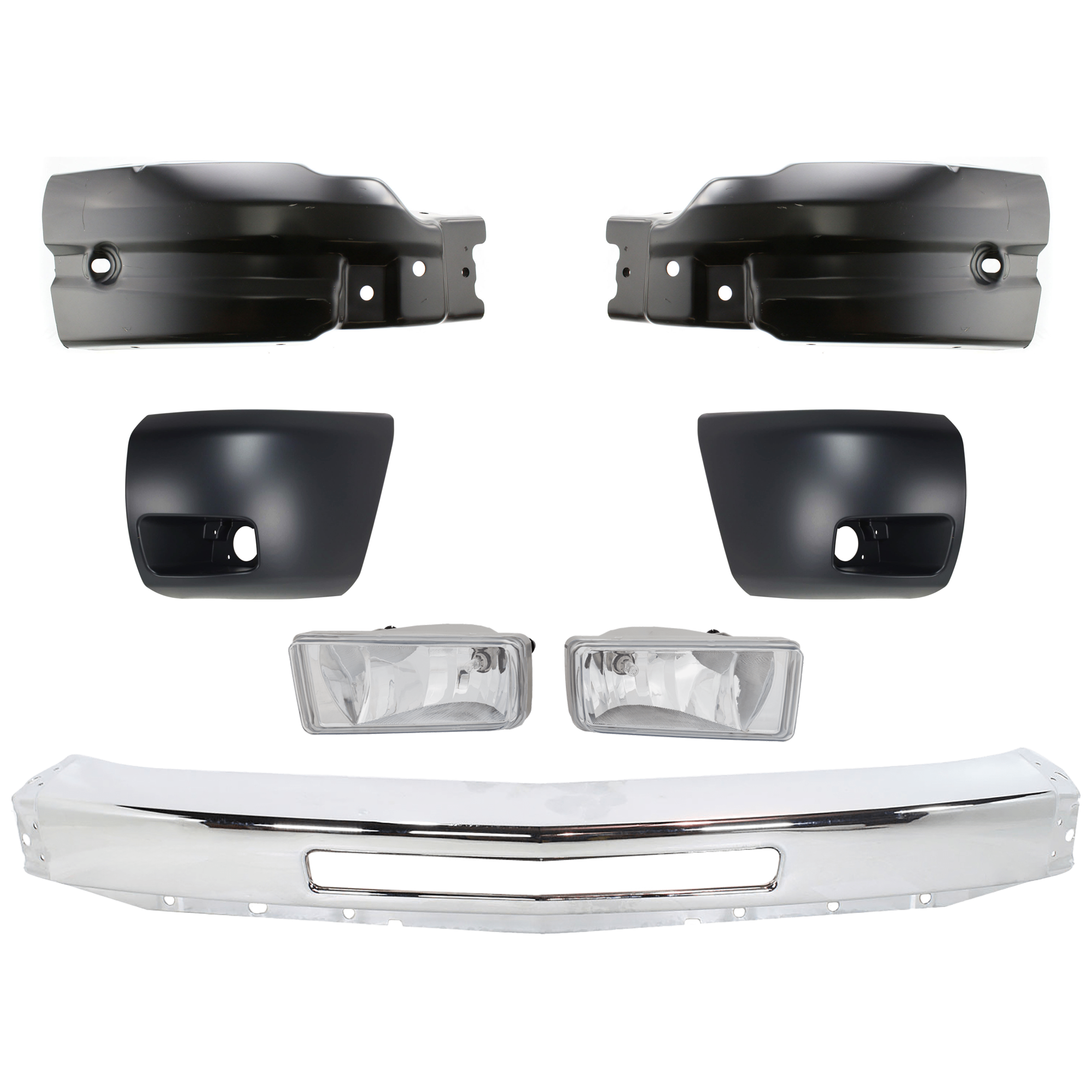 AM SILVERADO 1500-09-13 FRONT BUMPER 7 pc kit Impact Bar Chrome with Bumper End and Fog Light SKU KIT 07182024-63 Partslink GM1002831 GM1004148 GM1005148 GM1004147 GM1005147 GM2593160 GM2592160 OEM 15941850-22737638-22737639-158