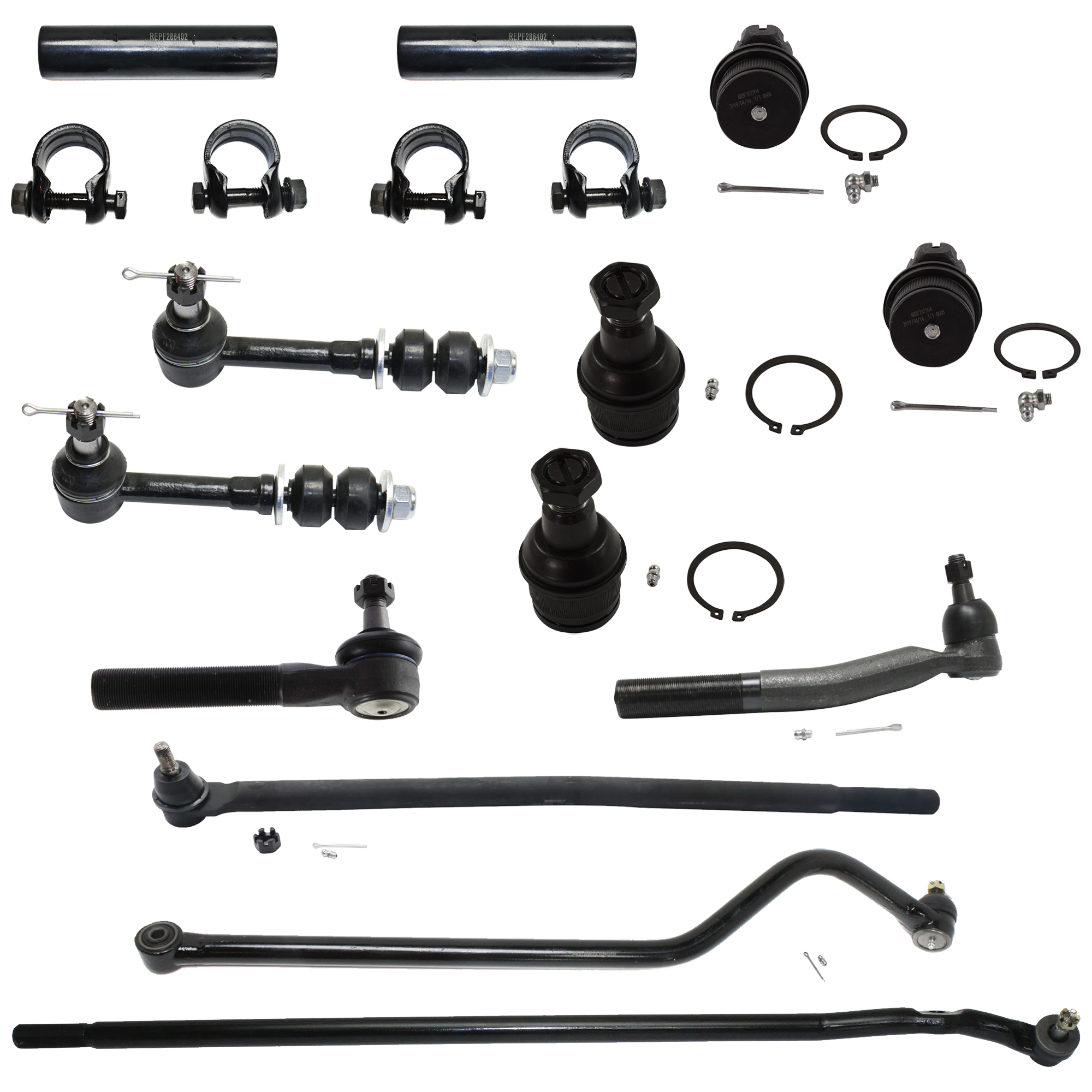 AM F SERIES SUPER DUTY P U 99-22 FRONT SUSPENSION KIT RH AND LH 13 pc kit w Ball Joint Tie Rod Adjusting Sleeve Track Bar and Sway Bar Link SKU KIT 071824-03 OEM 10339-104273-2601248-2601646-4