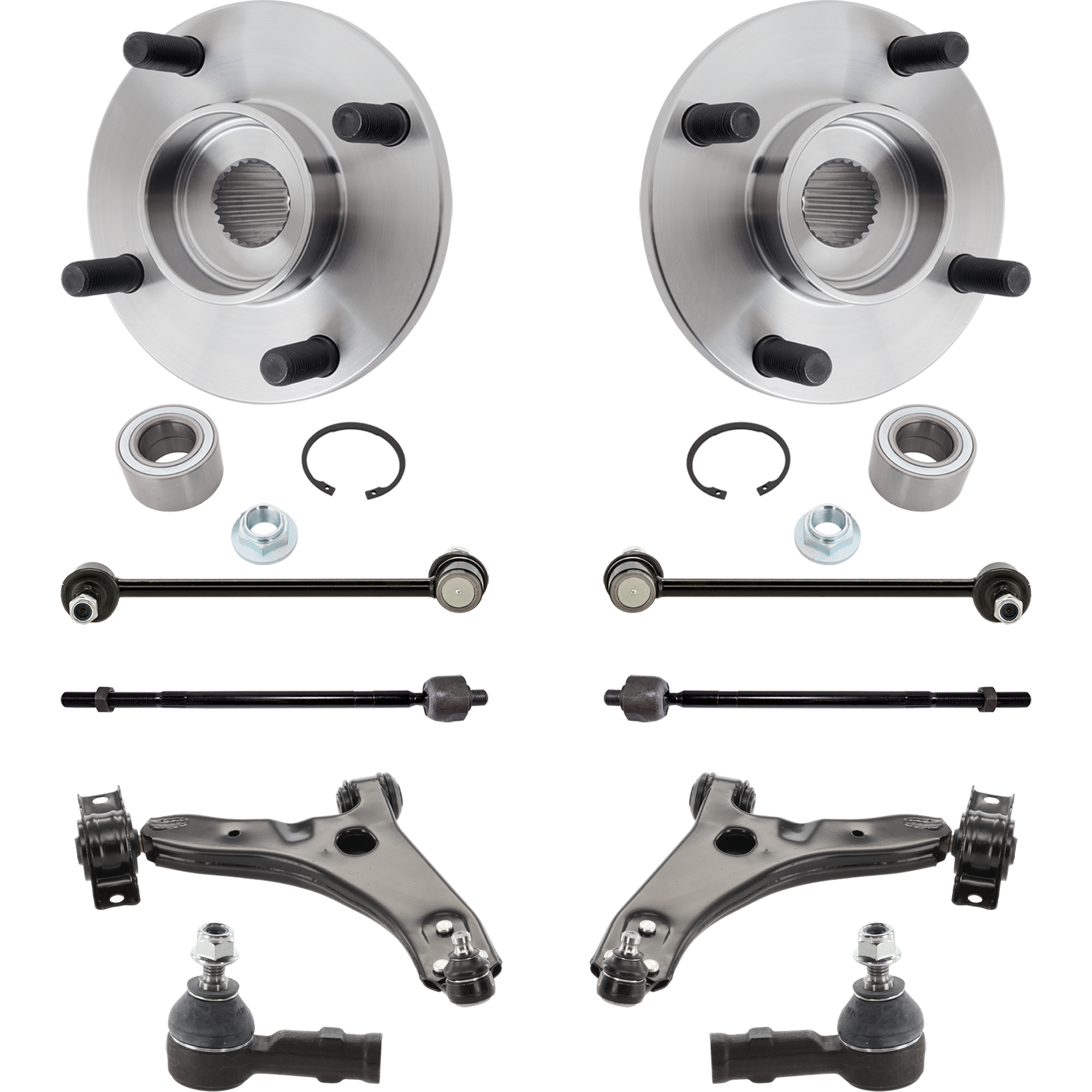 AM FOCUS 00-11 FRONT SUSPENSION KIT RH AND LH 10 pc Kit with Control Arm Sway Bar Link Tie Rod End and Wheel Hub SKU KIT 071824-17 OEM 6S4Z3079AA 7S4Z3079A 8S4Z3079A