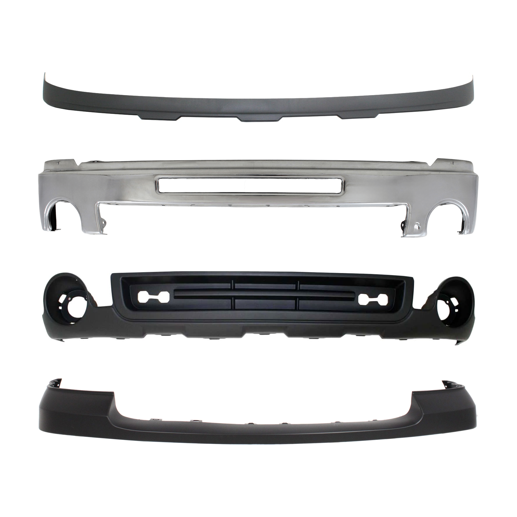 AM SIERRA 1500-07-13-2500 HD 3500 HD 07-10 FRONT BUMPER 4 pc kit Chrome w Air Hole SL SLE SLT WT w Towing Pkg Hybrid Models Excludes 2007 Classic SKU KIT 071824-28 Partslink GM1002834 GM1014102 GM1092211 GM1015100 OEM 15902856-25783584-15917769-151