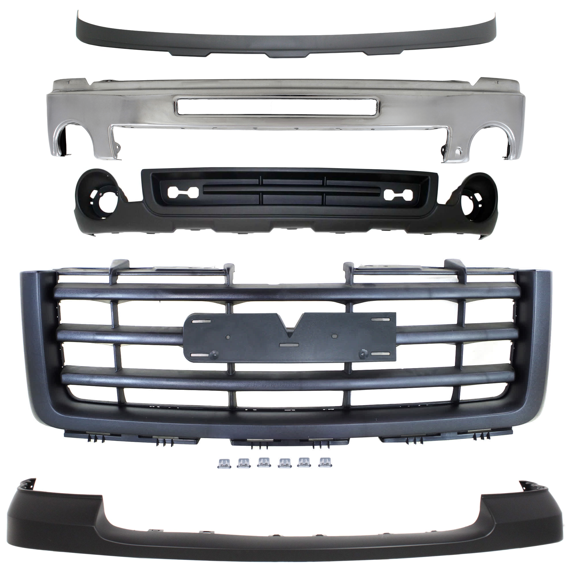 AM SIERRA 1500-07-13-2500 HD 3500 HD 07-10 FRONT BUMPER 5 pc kit Chrome w Air Hole SL SLE SLT WT w Towing Pkg Hybrid Models Excludes 2007 Classic SKU KIT 071824-29 Partslink GM1002834 GM1014102 GM1200583 GM1092211 GM1015100 OEM 15902856-25783584-22761793-159