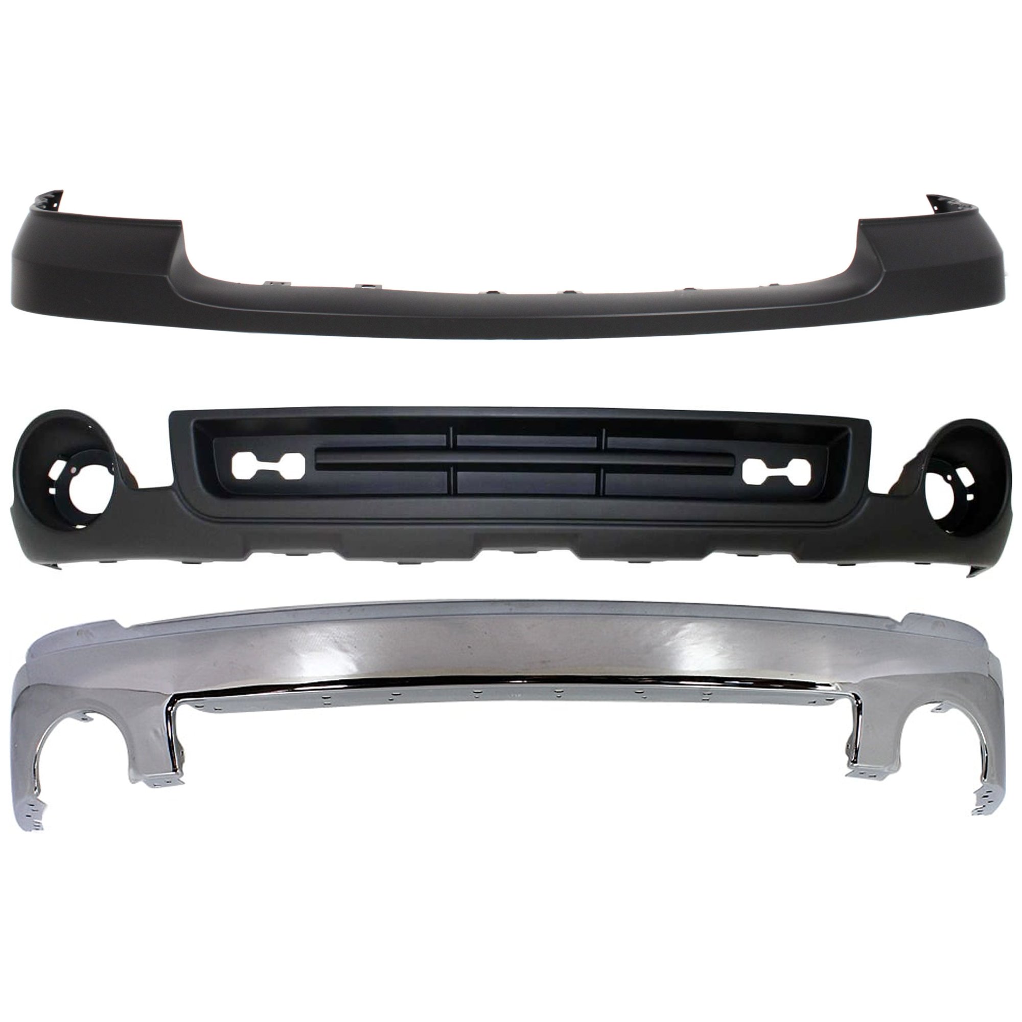 AM SIERRA 1500-07-13 FRONT BUMPER 3 pc kit w Bumper Cover and Valance Chrome w o Air Hole SL SLE SLT WT w o Towing Pkg Excludes 2007 Classic SKU KIT 071824-30 Partslink GM1002833 GM1014102 GM1015100 OEM 15901505-25783584-15131299