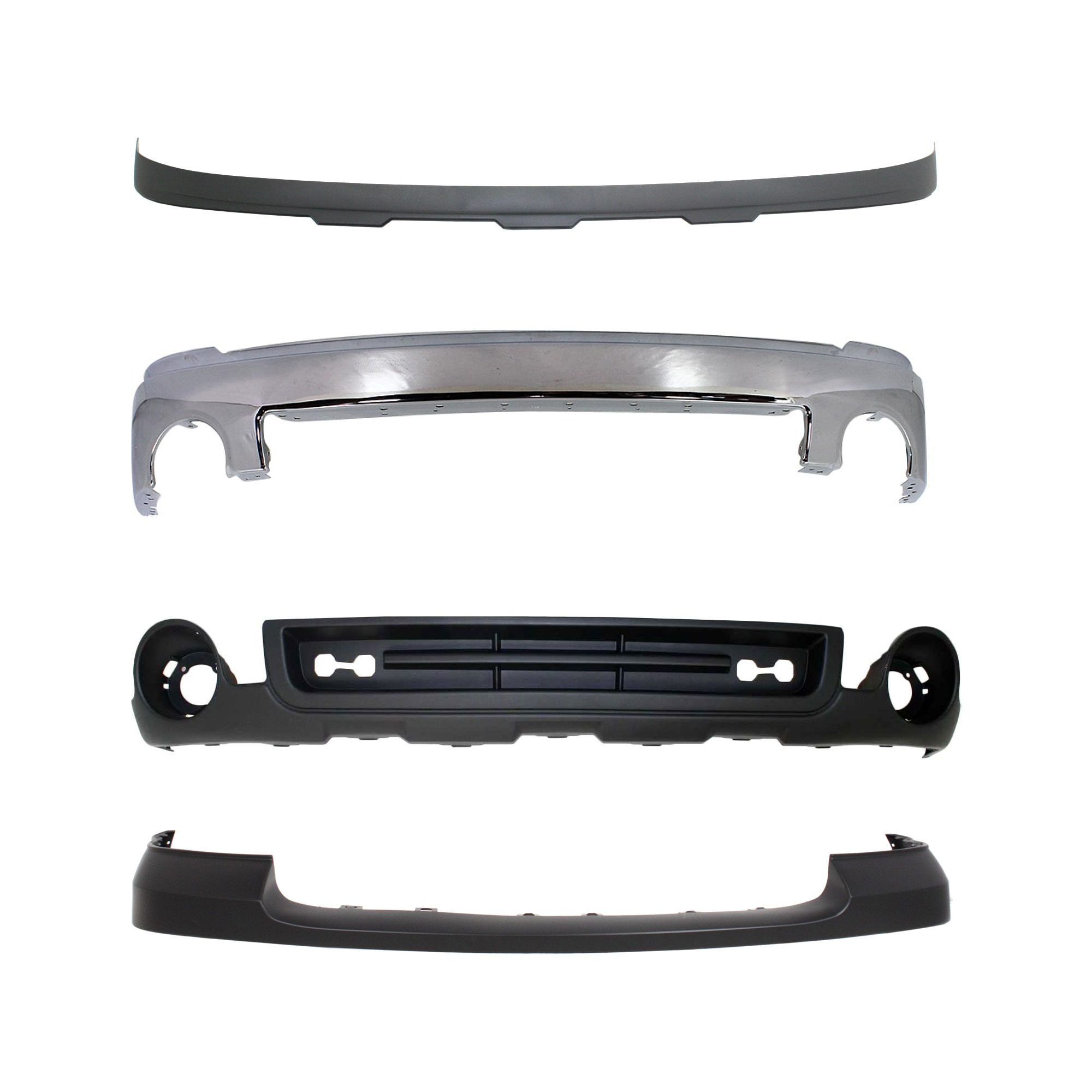 AM SIERRA 1500-07-13 FRONT BUMPER 4 pc kit w Bumper Cover and Valance Chrome w o Air Hole SL SLE SLT WT w o Towing Pkg Excludes 2007 Classic SKU KIT 071824-31 Partslink GM1002833 GM1014102 GM1092211 GM1015100 OEM 15901505-25783584-15917769-151