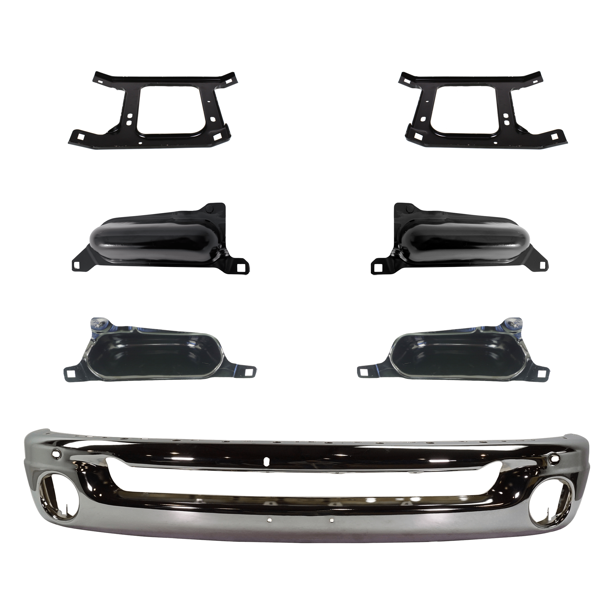 AM DODGE RAM FULL SIZE PICKUP 06-08 FRONT BUMPER 7 pc kit Face Bar Steel Chrome with Bumper Bracket SKU KIT 071824 C100 Partslink CH1002383 CH1067138 CH1066139 CH1066138 CH1067139 CH1066127 CH1067127 OEM 55077946AB 55077956AA 55077959