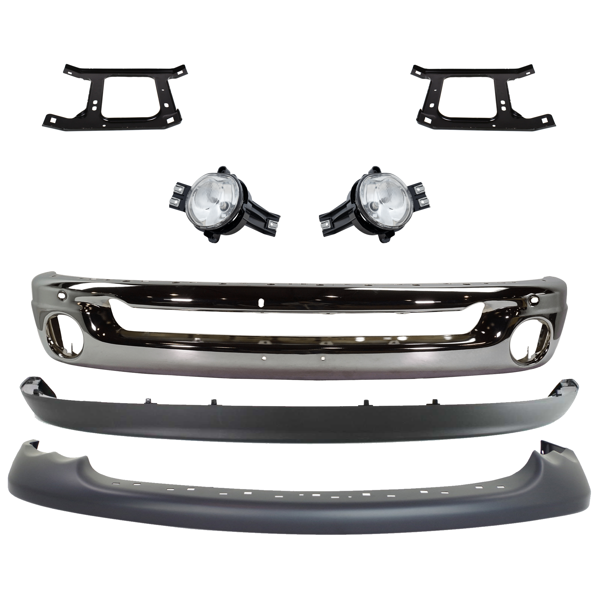 AM DODGE RAM FULL SIZE PICKUP 02-05 FRONT BUMPER 7 pc kit Face Bar Steel Chrome with Bumper Bracket Fog Light and Valance SKU KIT 071824 C103 Partslink CH1002383 CH1066127 CH1067127 CH2592121 CH2593121 CH1000338 CH1090125 OEM 55077946AB 55077209AA 55077208