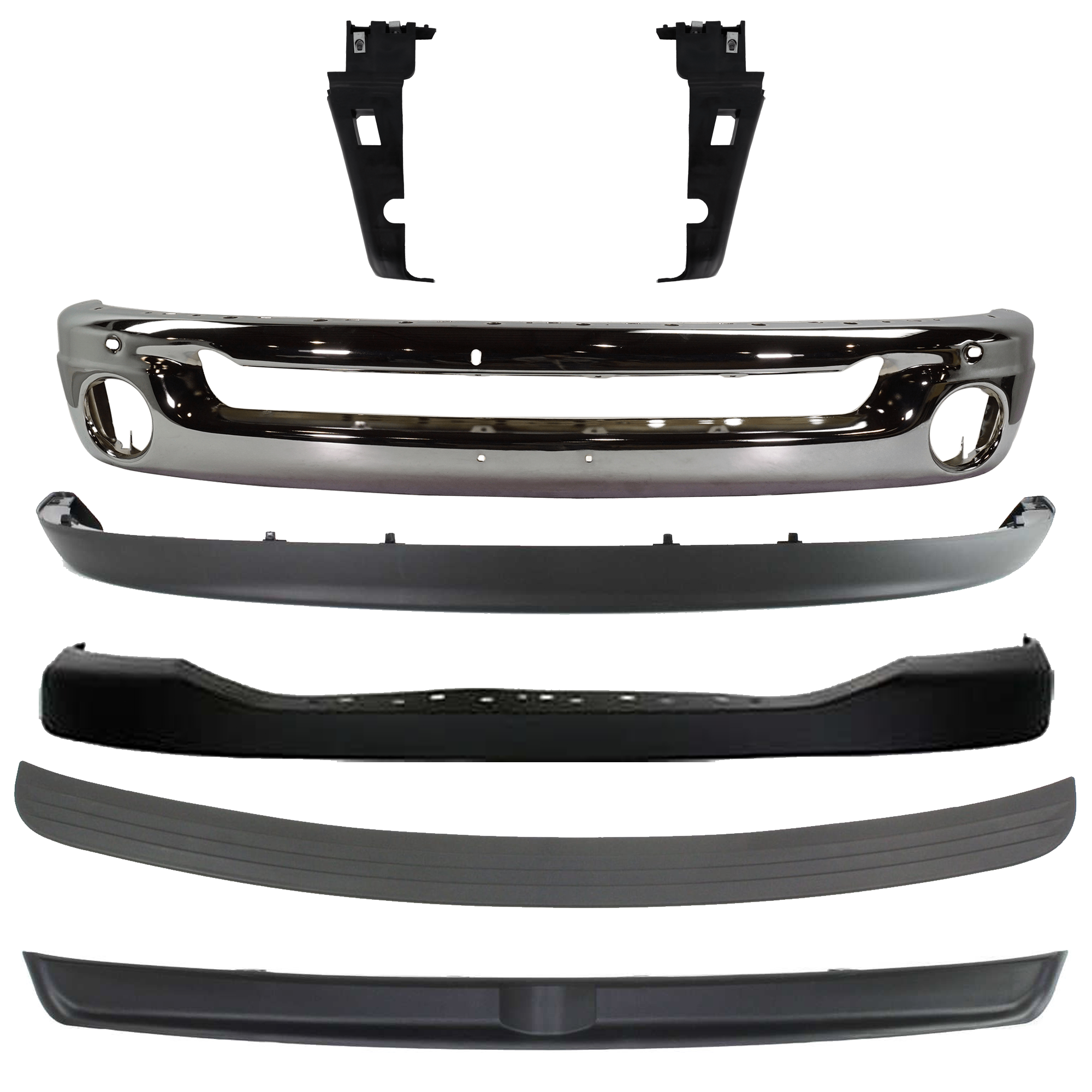 AM RAM 2500-3500-06-09 FRONT BUMPER Face Bar Chrome Steel 7 pc kit with Bumper Bracket Bumper Cover Bumper Trim and Valance SKU KIT 071824 C104 Partslink CH1002383 CH1066130 CH1067130 CH1014100 CH1019103 CH1091101 CH1090125 OEM 55077946AB 68044623AA 68044622