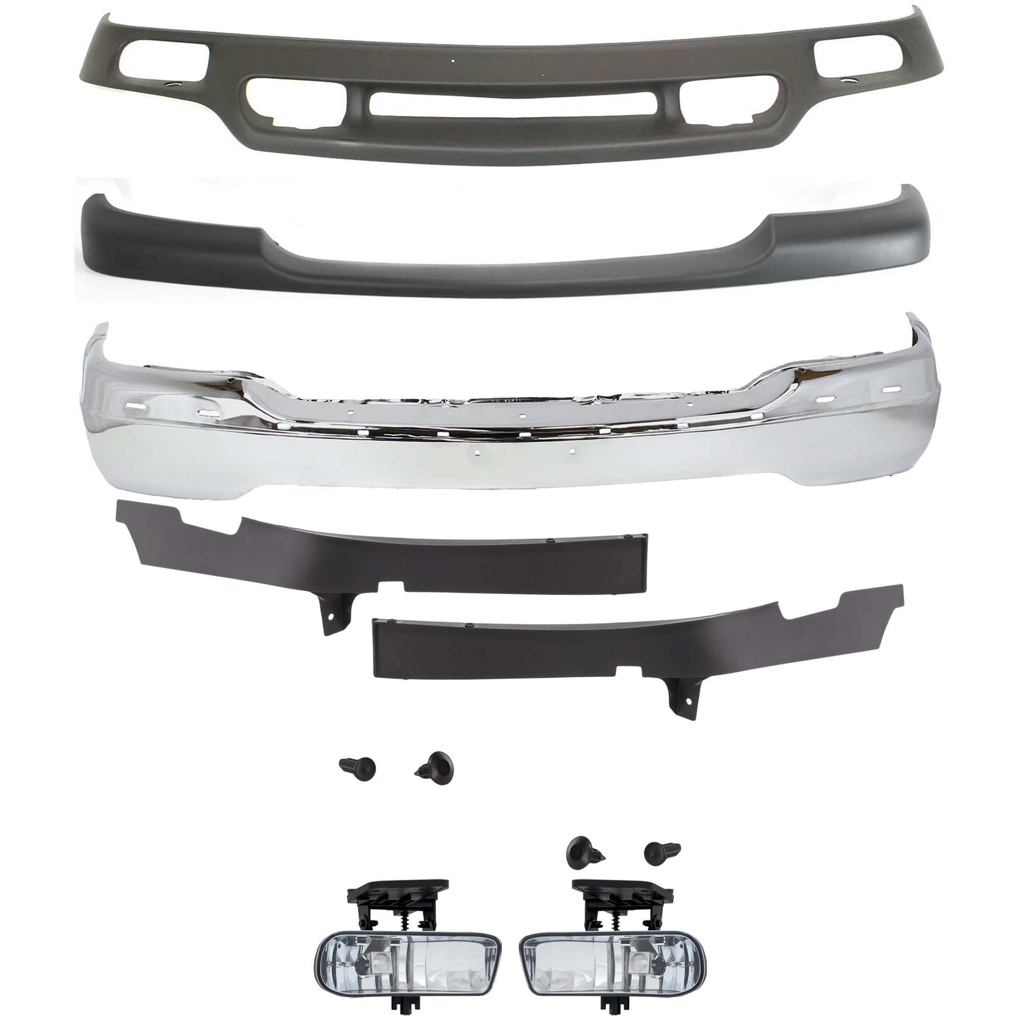 AM SIERRA 1500-2500-99-02 FRONT BUMPER 7 pc kit Chrome with Bumper Trim Fog Light and Valance SKU KIT 071824 C112 Partslink GM1002373 GM1089170 GM1088170 GM1051105 GM2593110 GM2592110 GM1092169 OEM 15758072-15102067-15049381-157