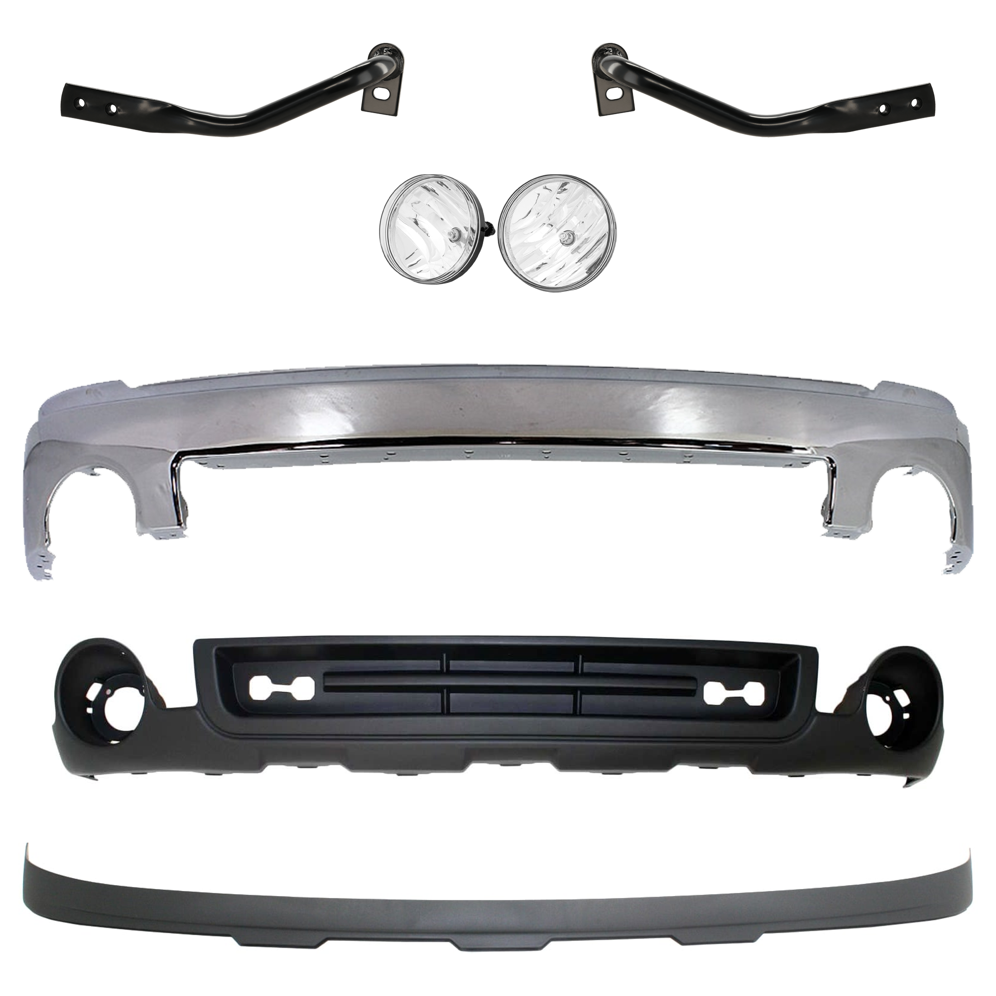 AM SIERRA 1500-07-13 FRONT BUMPER 7 pc kit w Bumper Bracket Fog Light and Valance SKU KIT 071824 C122 Partslink GM1002833 GM1043107 GM1042107 GM2593161 GM2592161 GM1092211 GM1015100 OEM 15901505-22861859-22861858-258