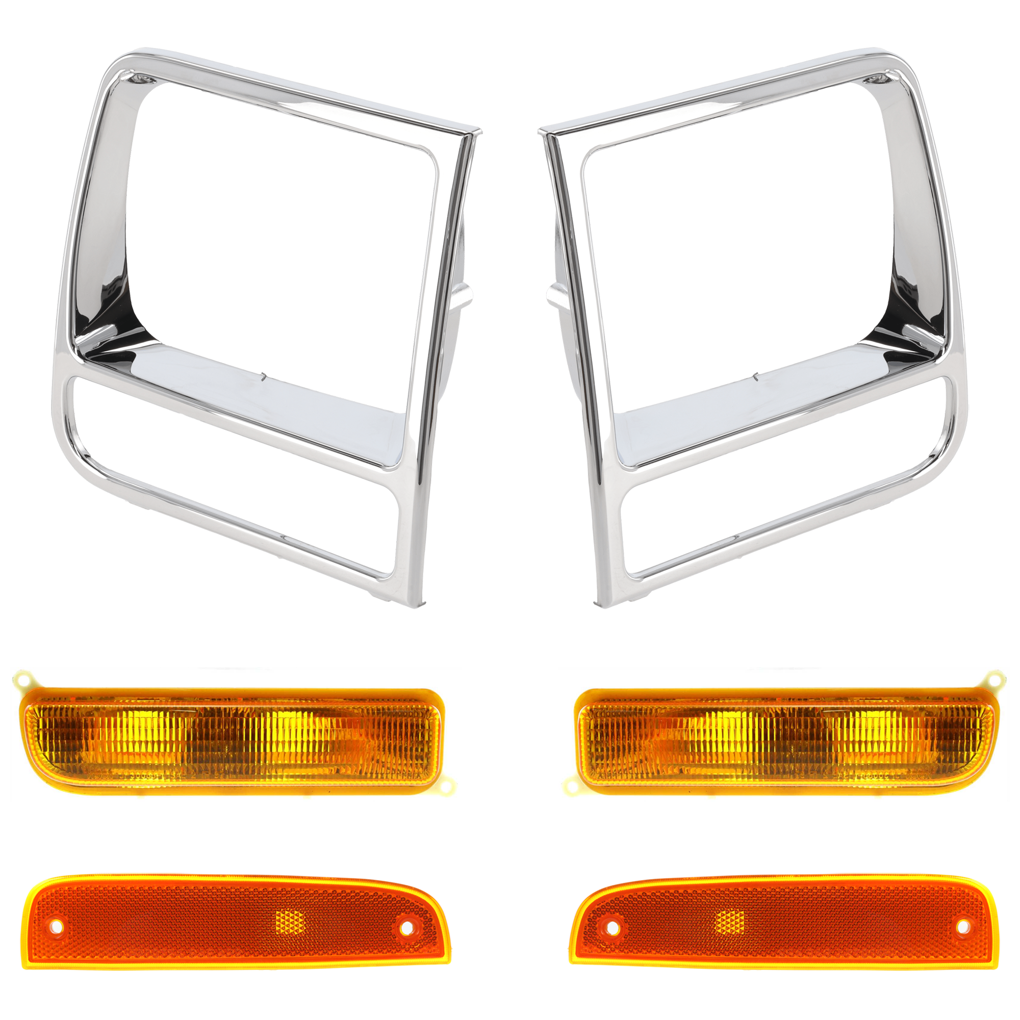 AM CHEROKEE 97-01 HEADLAMP DOOR RH AND LH 6 pc kit Chrome with Side Marker and Turn Signal Light SKU KIT 071824 C137 Partslink CH2512165 CH2513165 CH2551118 CH2550118 CH2520127 CH2521127 OEM 55156030AB 55156031AB 55055146