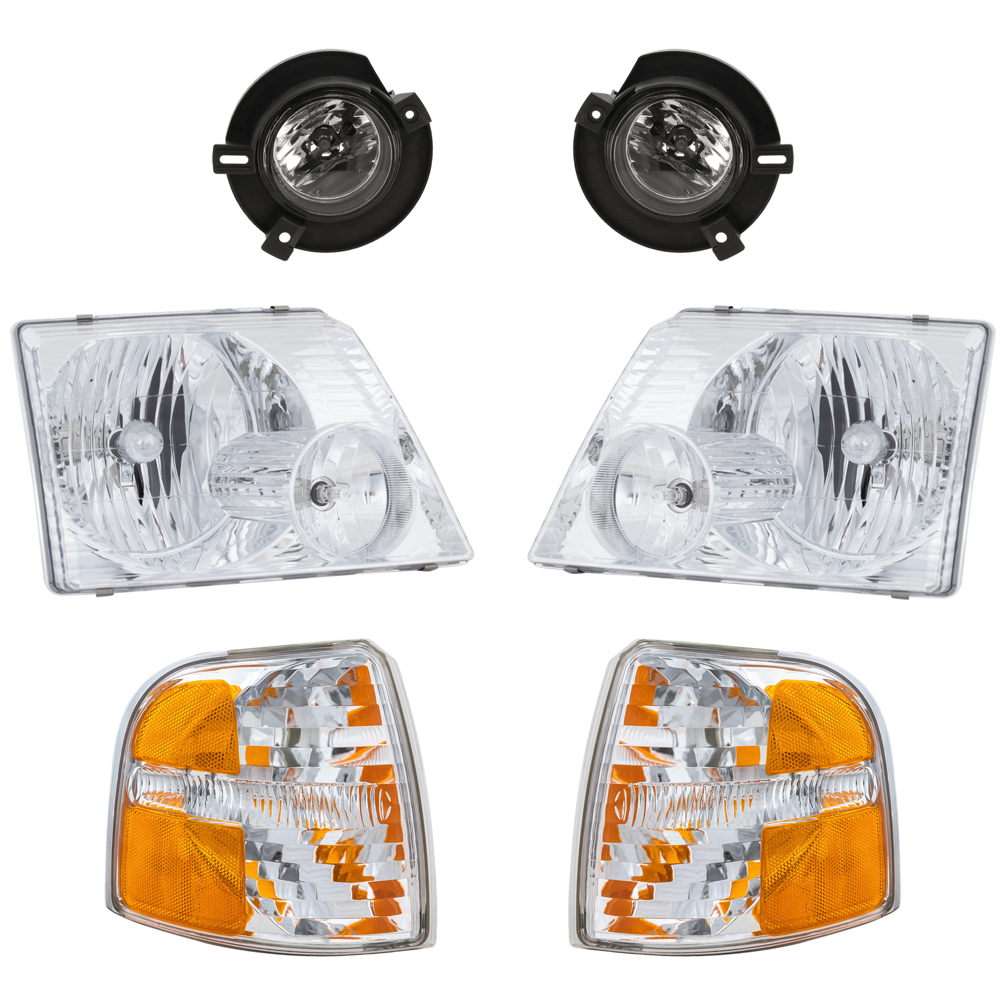 AM EXPLORER 02-05 HEAD LAMP RH AND LH 6 pc kit w Corner Light and Fog Light SKU KIT 071824 C138 Partslink FO2502176 FO2503176 FO2521167 FO2520167 OEM 1L2Z13008AA 1L2Z13008AB 1L2Z13