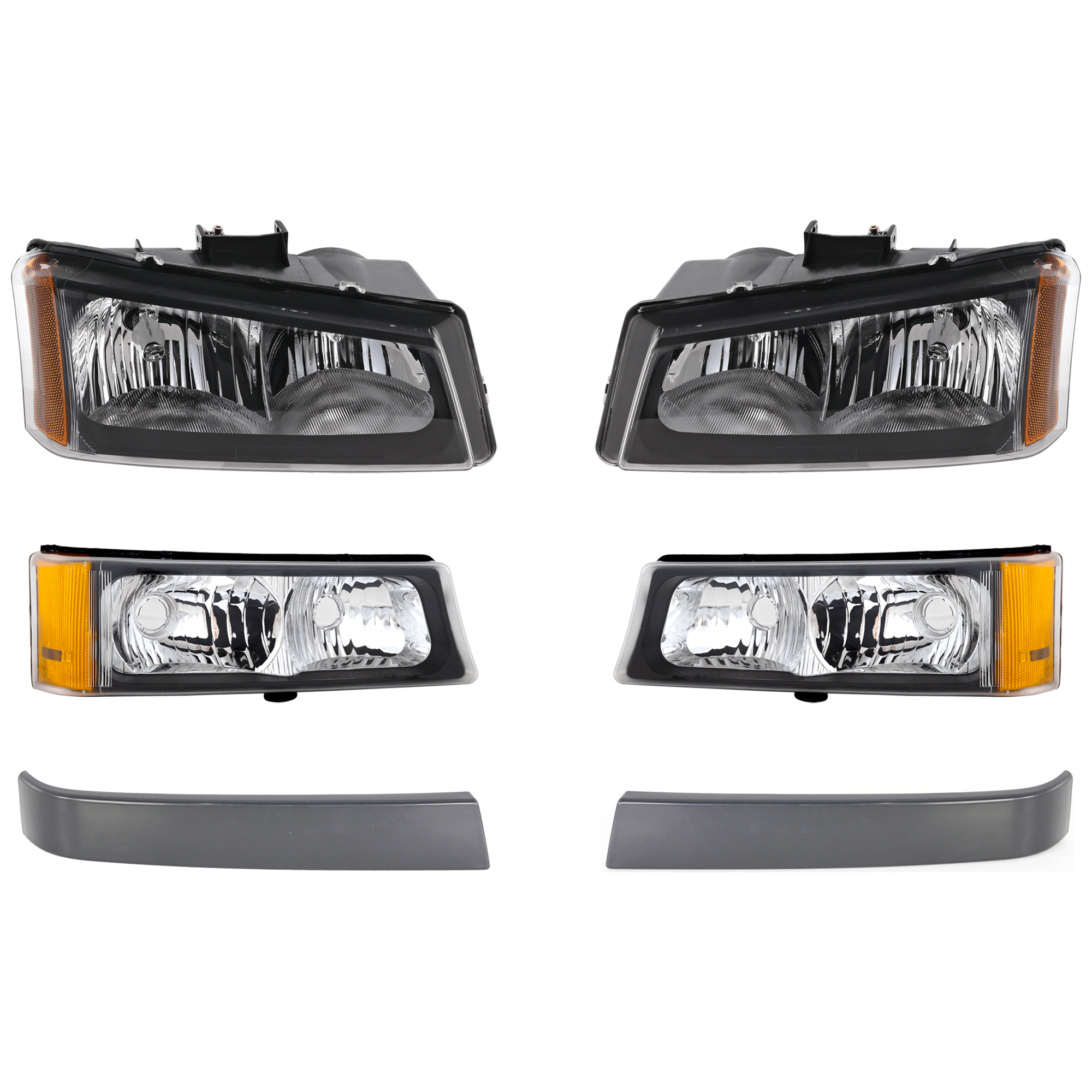 AM SILVERADO 03-06 HEADLAMP RH AND LH 6 pc kit Assembly Halogen Fluted Reflector with Grille Trim and Turn Signal Light SKU KIT 071824 C156 Partslink GM2502257 GM2503257 GM1213104 GM1212104 GM2521185 GM2520185 OEM 10396912-10396913-12335958-123