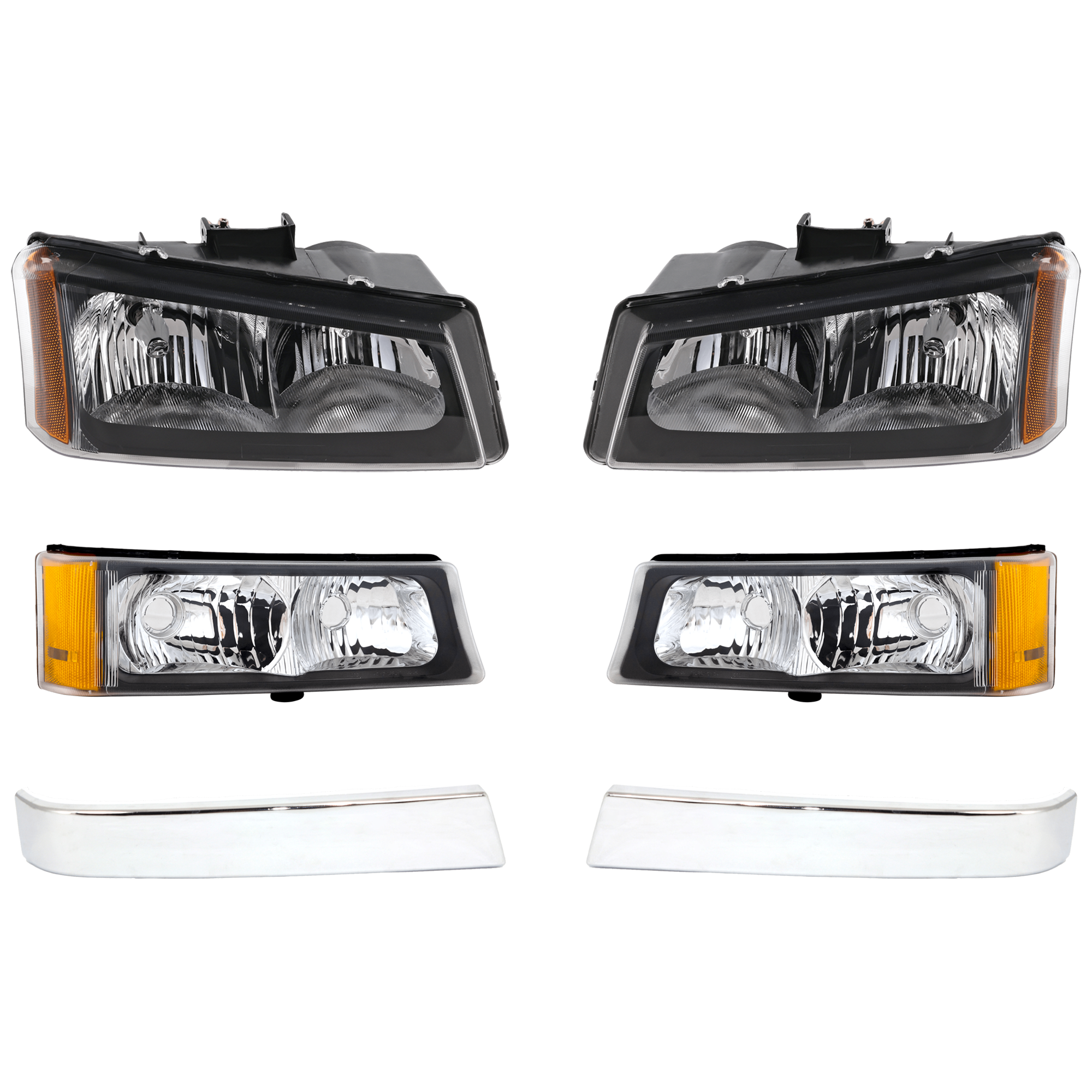 AM SILVERADO 03-06 HEADLAMP RH AND LH 6 pc kit Assembly Halogen Fluted Reflector with Grille Trim and Turn Signal Light SKU KIT 071824 C158 Partslink GM2502257 GM2503257 GM1212105 GM1213105 GM2521185 GM2520185 OEM 10396912-10396913-10397973-103