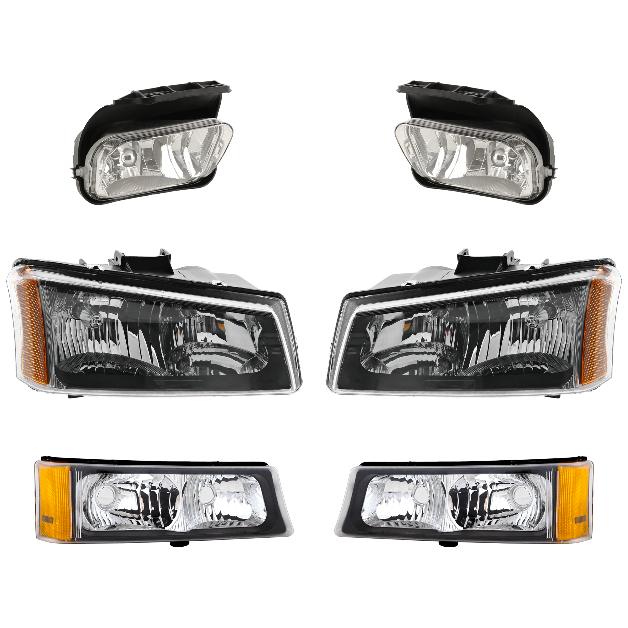AM SILVERADO 03-06 HEAD LAMP RH AND LH 6 pc kit w Fog Light and Turn Signal Light SKU KIT 071824 C160 Partslink GM2502224 GM2503224 GM2592127 GM2593127 GM2521185 GM2520185 OEM 10396912 PFM 10396913 PFM 1519