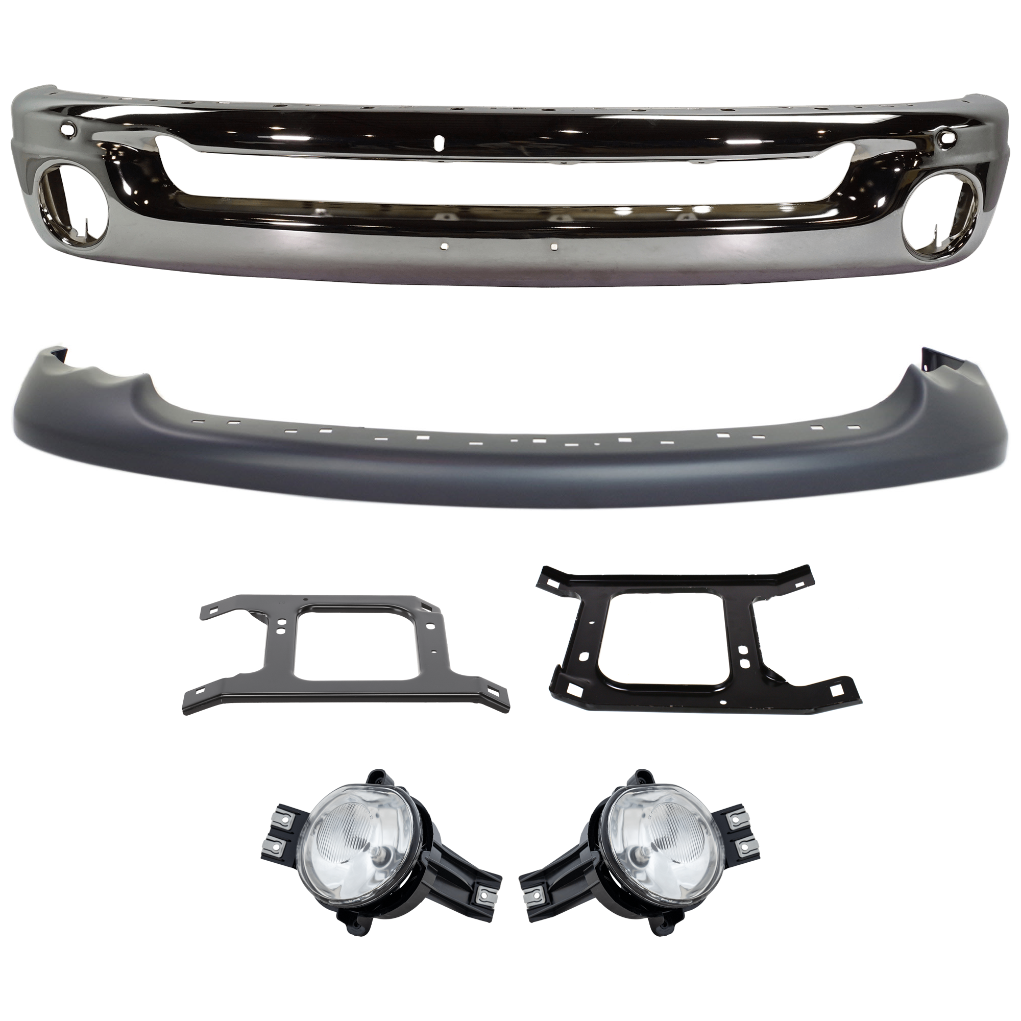 AM DODGE RAM FULL SIZE PICKUP 02-05 FRONT BUMPER 6 pc kit Face Bar Steel Chrome with Bumper Bracket Fog Light and Valance SKU KIT 071824 C167 Partslink CH1002383 CH1066127 CH1067127 CH2592121 CH2593121 CH1000338 OEM 55077946AB 55077209AA 55077208