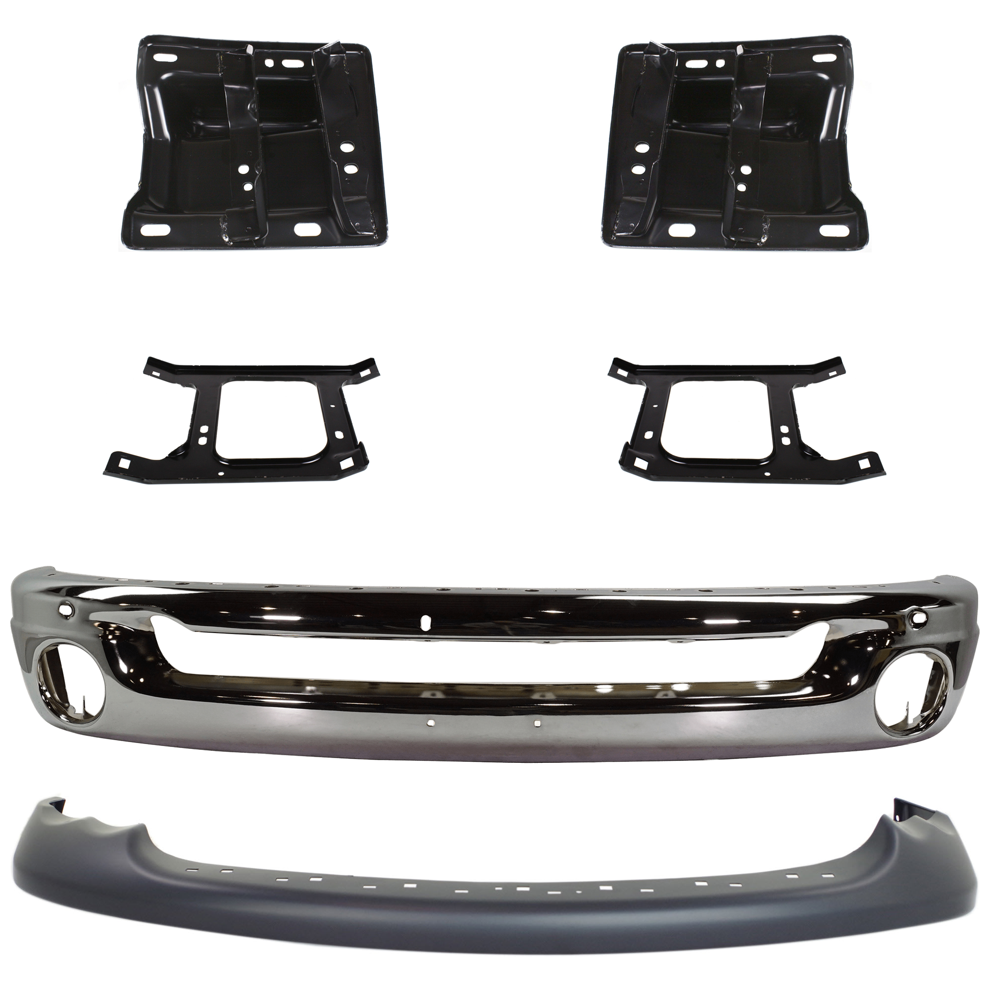 AM RAM 1500-02-05 FRONT BUMPER 6 pc kit Face Bar Steel Chrome with Bumper Bracket and Valance SKU KIT 071824 C169 Partslink CH1002383 CH1066127 CH1067127 CH1066131 CH1067131 CH1000338 OEM 55077946AB 55077209AA 55077208