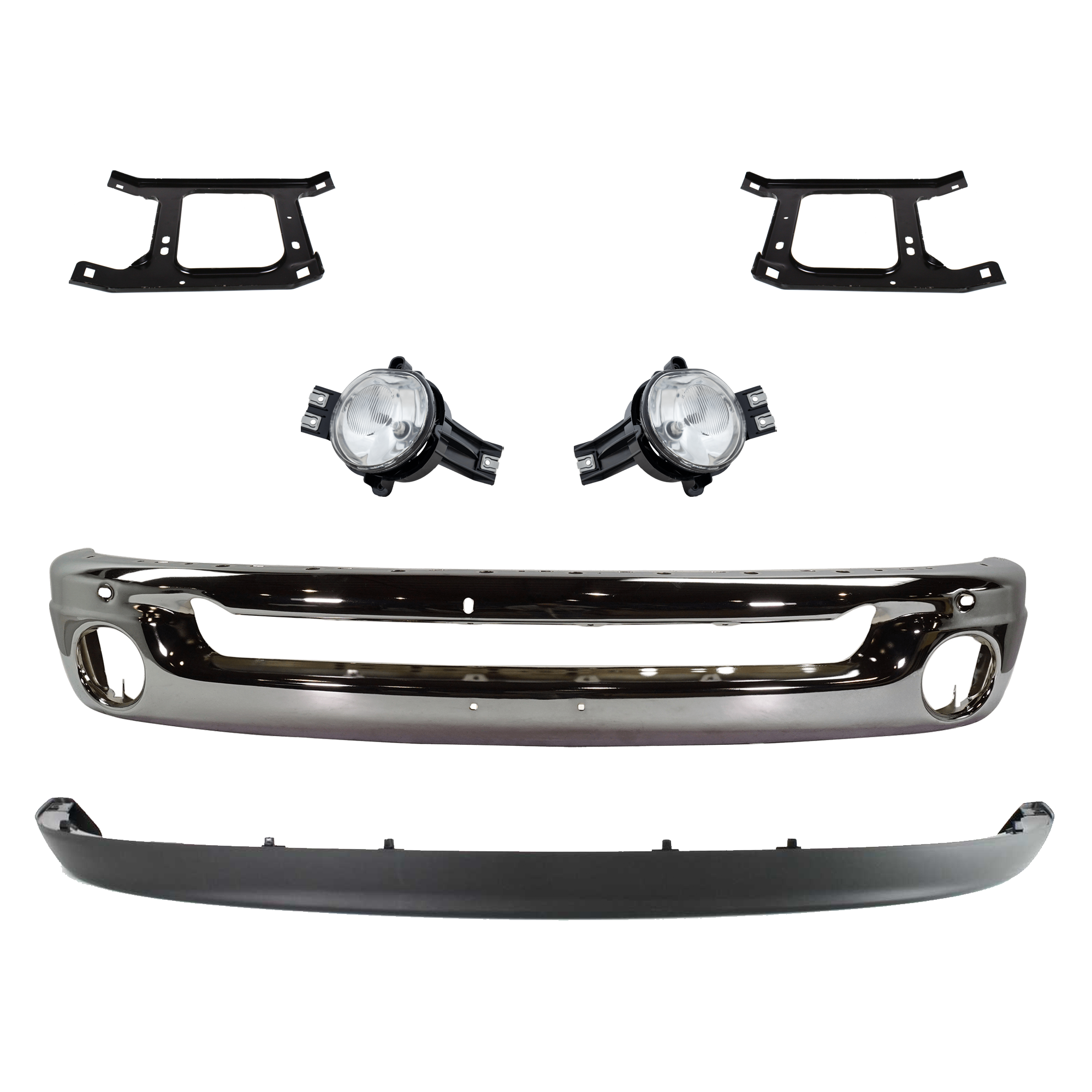 AM DODGE RAM FULL SIZE PICKUP 02-09 FRONT BUMPER 6 pc kit Face Bar Steel Chrome with Bumper Bracket Fog Light and Valance SKU KIT 071824 C171 Partslink CH1002383 CH1066127 CH1067127 CH2592121 CH2593121 CH1090125 OEM 55077946AB 55077209AA 55077208