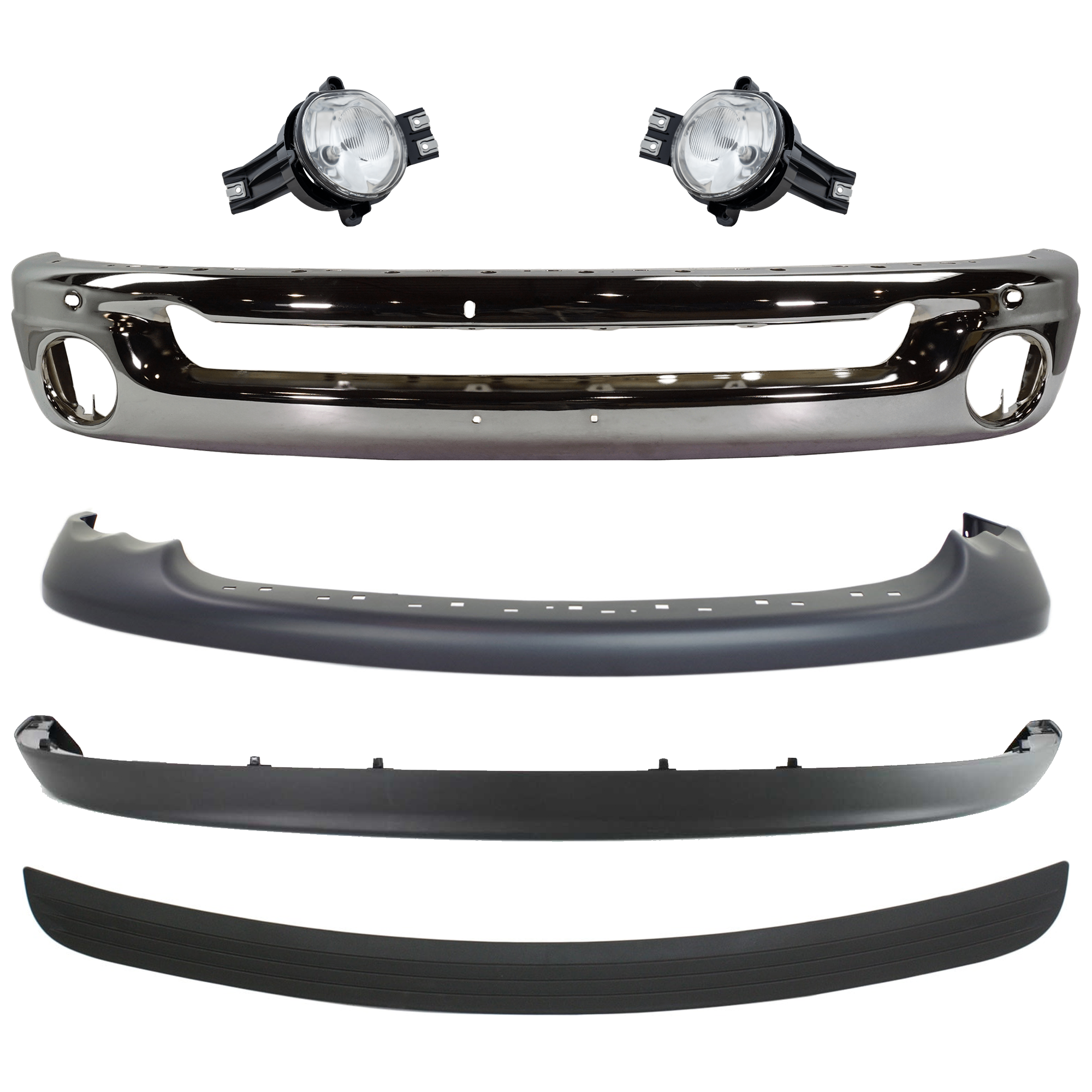 AM DODGE FULL SIZE PICKUP 03-05 FRONT BUMPER 6 pc kit Face Bar Steel Chrome with Bumper Trim Fog Light and Valance SKU KIT 071824 C172 Partslink CH1002383 CH1019102 CH2592121 CH2593121 CH1000338 CH1090125 OEM 55077946AB 55077342AC 55077475