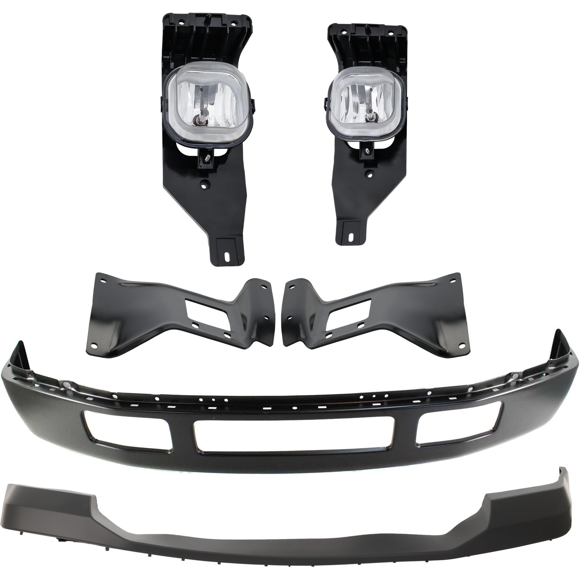 AM F 250 F 350 SUPER DUTY 06-07 FRONT BUMPER 6 pc kit Black w Bumper Bracket Bumper Cover and Fog Light SKU KIT 071824 C177 Partslink FO1002393 FO1066163 FO1067163 FO1000607 FO2593211 FO2592211 OEM 5C3Z17757CAA 5C3Z17B985AA 5C3Z
