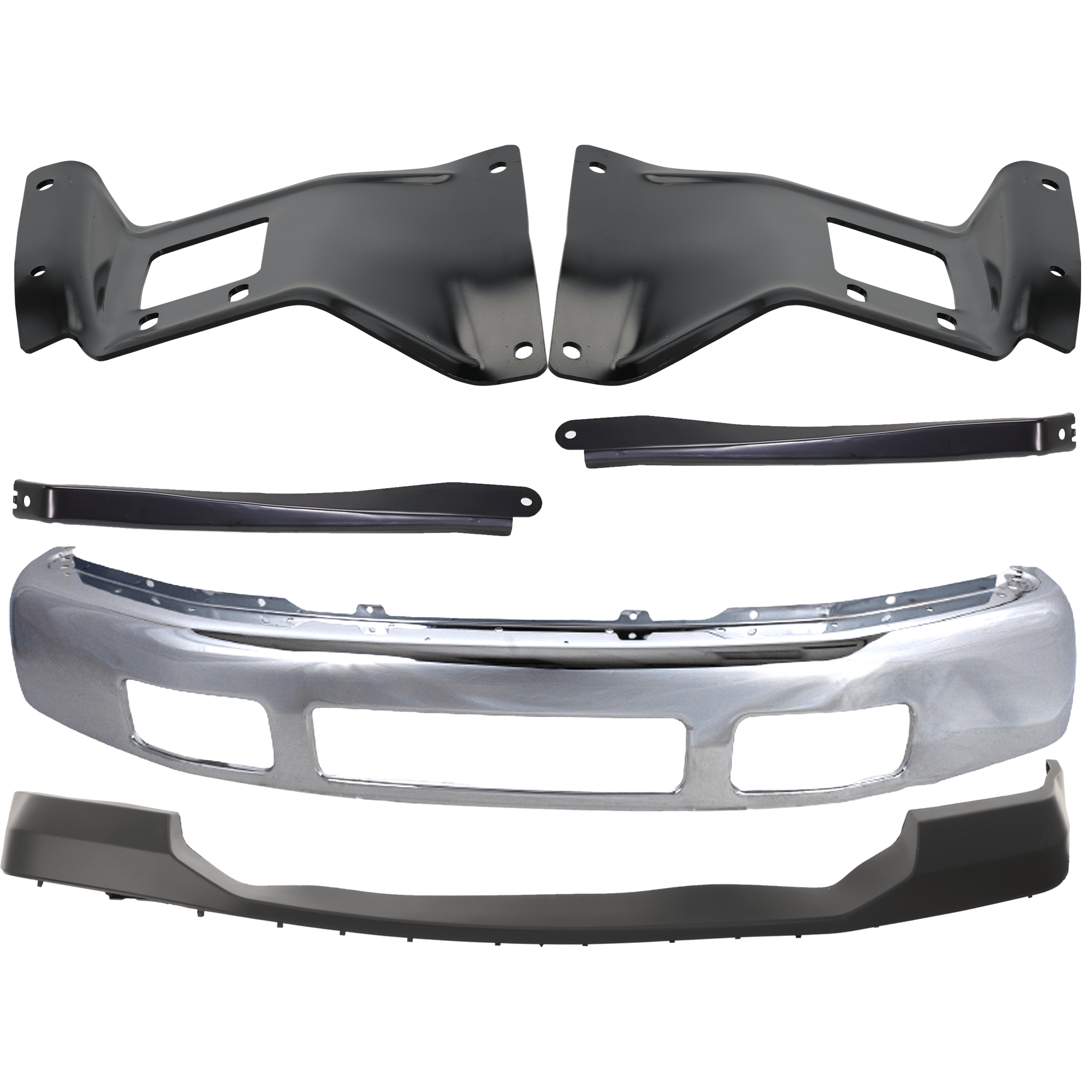 AM F 250 F 350 SUPER DUTY 06-07 FRONT BUMPER 6 pc kit Chrome w o Fender Flare holes with Bumper Bracket and Bumper Cover SKU KIT 071824 C183 Partslink FO1002392 FO1067164 FO1066164 FO1067163 FO1066163 FO1000607 OEM 5C3Z17757BA 5C3Z17754AA 5C3Z17