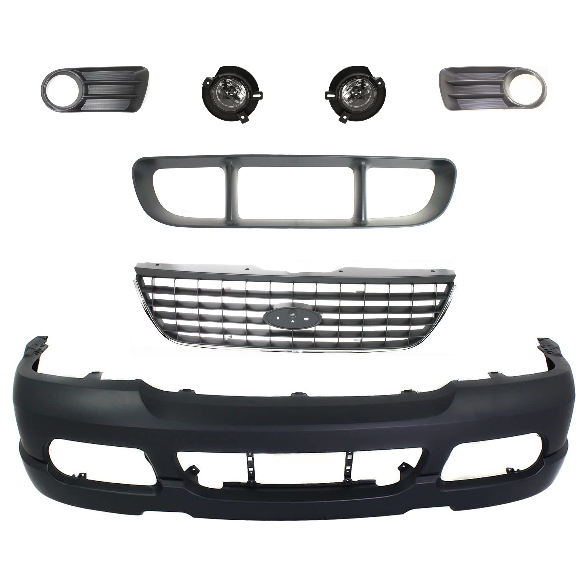AM EXPLORER 02-05 FRONT BUMPER COVER 6 pc kit Primed with Bumper Grille Fog Light Fog Light Trim and Grille Assembly SKU KIT 071824 C184 Partslink FO1000496 FO1036107 FO1036106 FO1036105 FO1200396 OEM 2L2Z17D957SAPTM 1L2Z17K945AAA