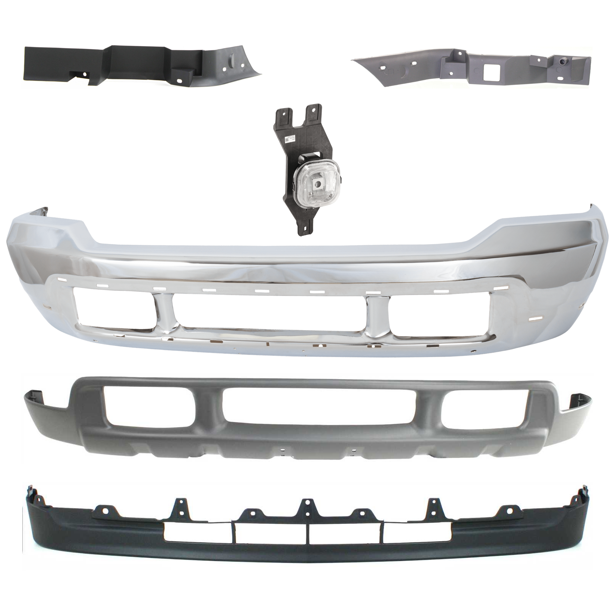 AM F SERIES SUPER DUTY 01-04 FRONT BUMPER 6 pc kit Chrome with Bumper Trim Fog Light and Valance SKU KIT 071824 C186 Partslink FO1002375 FO1089119 FO1088119 FO2592200 FO1095203 FO1095176 OEM 3C3Z17757BA F81Z17A861AA F81Z1