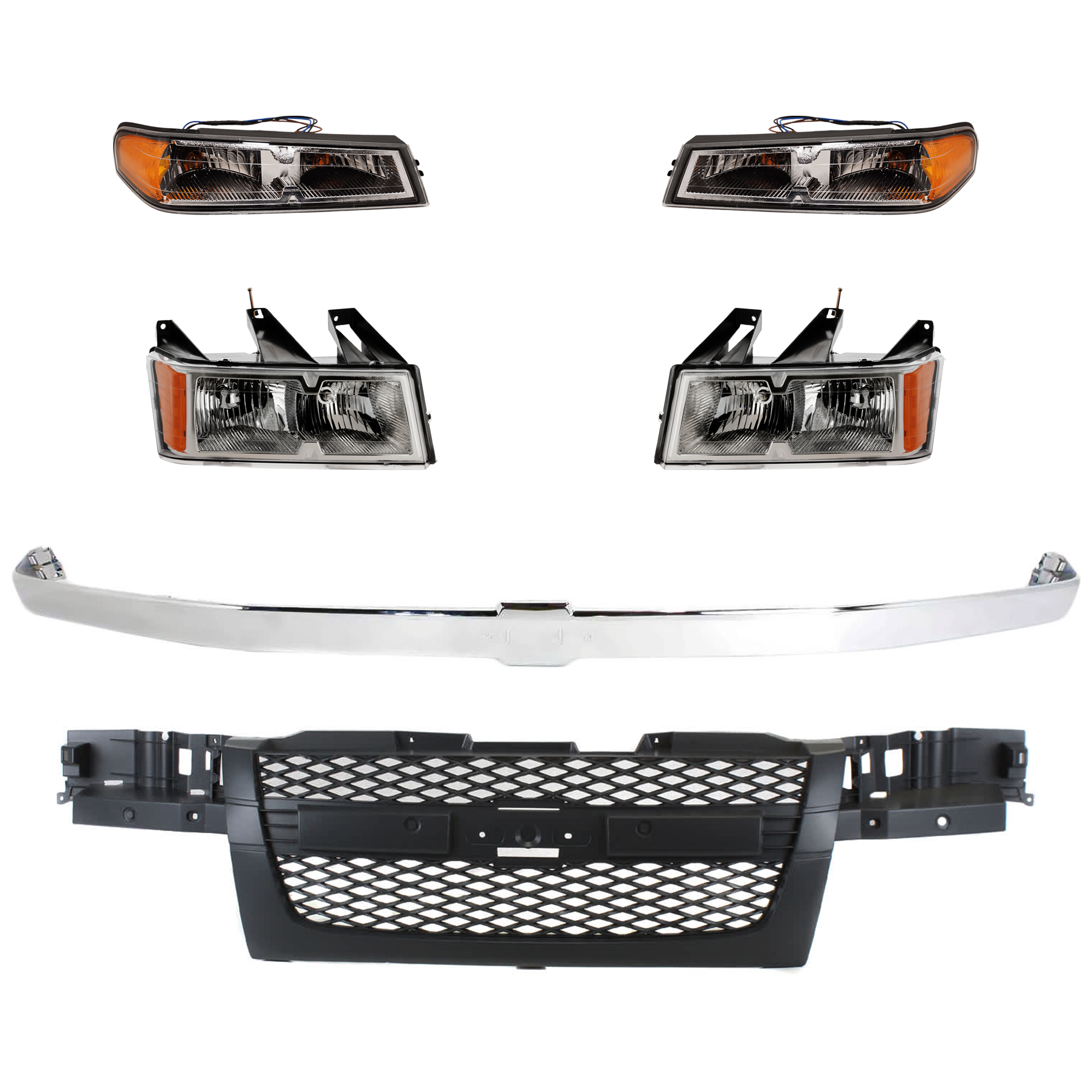 AM COLORADO 05-08 HEAD LAMP RH AND LH 6 pc kit w Corner Light Grille Assembly and Grille Trim SKU KIT 071824 C201 Partslink GM2502247 GM2503247 GM2520192 GM2521192 GM1200518 GM1210107 OEM 19209126-19209127-20936079-209