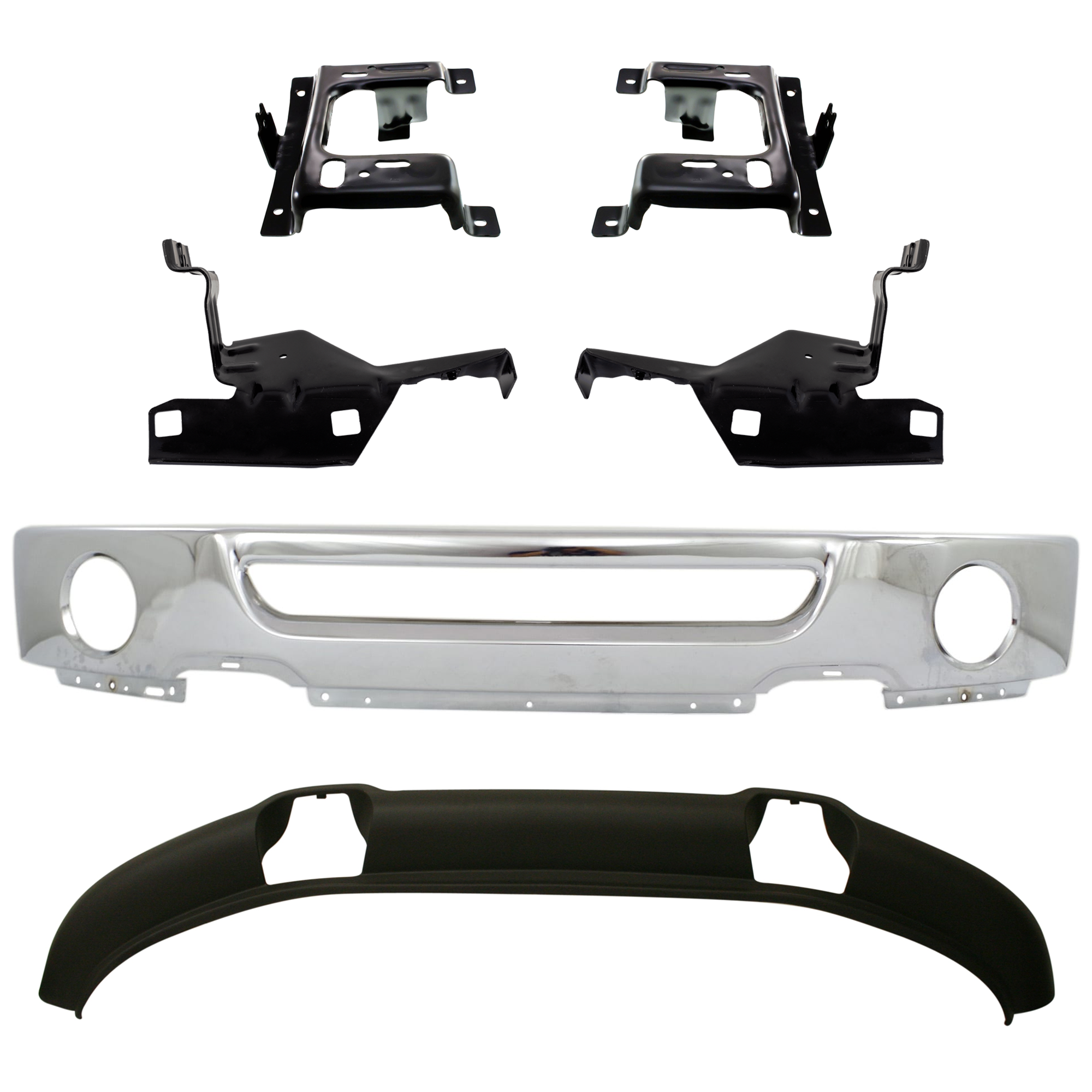 AM F 150-07-08 FRONT BUMPER 6 pc kit Face Bar Chrome w Fog Light Holes with Bumper Bracket and Valance SKU KIT 071824 C205 Partslink FO1002399 FO1066158 FO1067158 FO1066172 FO1067172 FO1093108 OEM 6L3Z17757BA 4L3Z17B983AB 4L3Z1