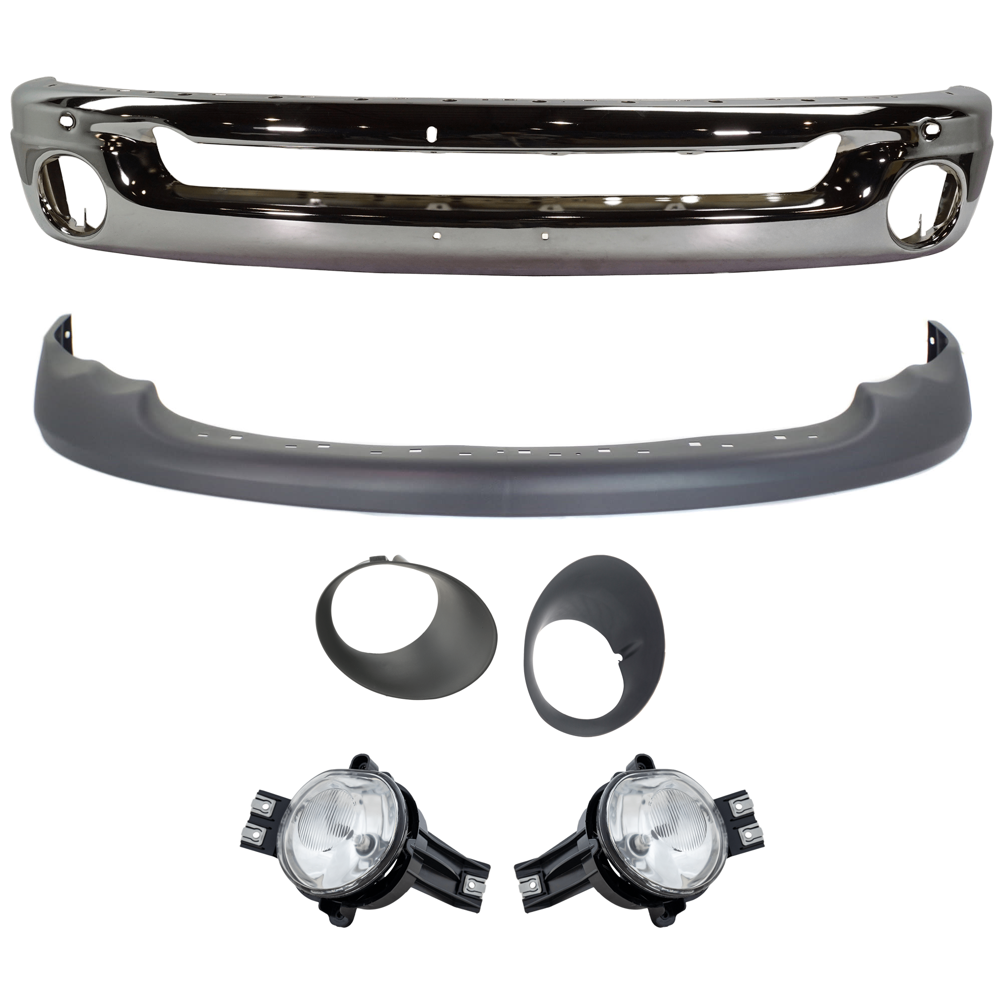 AM DODGE RAM FULL SIZE PICKUP 02-05 FRONT BUMPER 6 pc kit Face Bar Steel Chrome with Fog Light Fog Light Trim and Valance SKU KIT 071824 C218 Partslink CH1002383 CH2592121 CH2593121 CH2598101 CH2599101 CH1000411 OEM 55077946AB 55077475AE 55077474