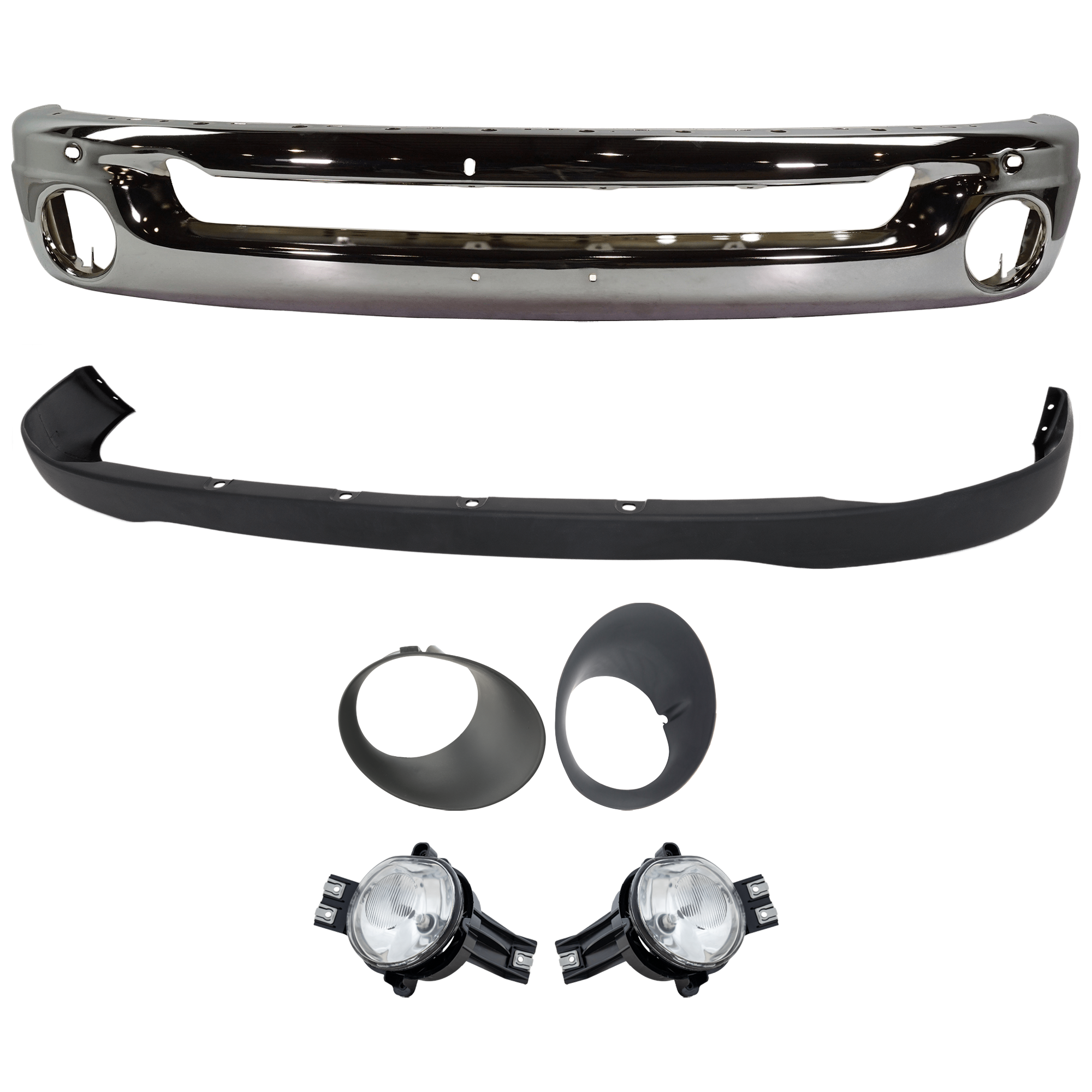 AM DODGE RAM FULL SIZE PICKUP 06-09 FRONT BUMPER 6 pc kit Face Bar Steel Chrome with Bumper Cover Fog Light and Fog Light Trim SKU KIT 071824 C219 Partslink CH1002383 CH1000880 CH2592121 CH2593121 CH2598101 CH2599101 OEM 55077946AB 55077762AA 55077475
